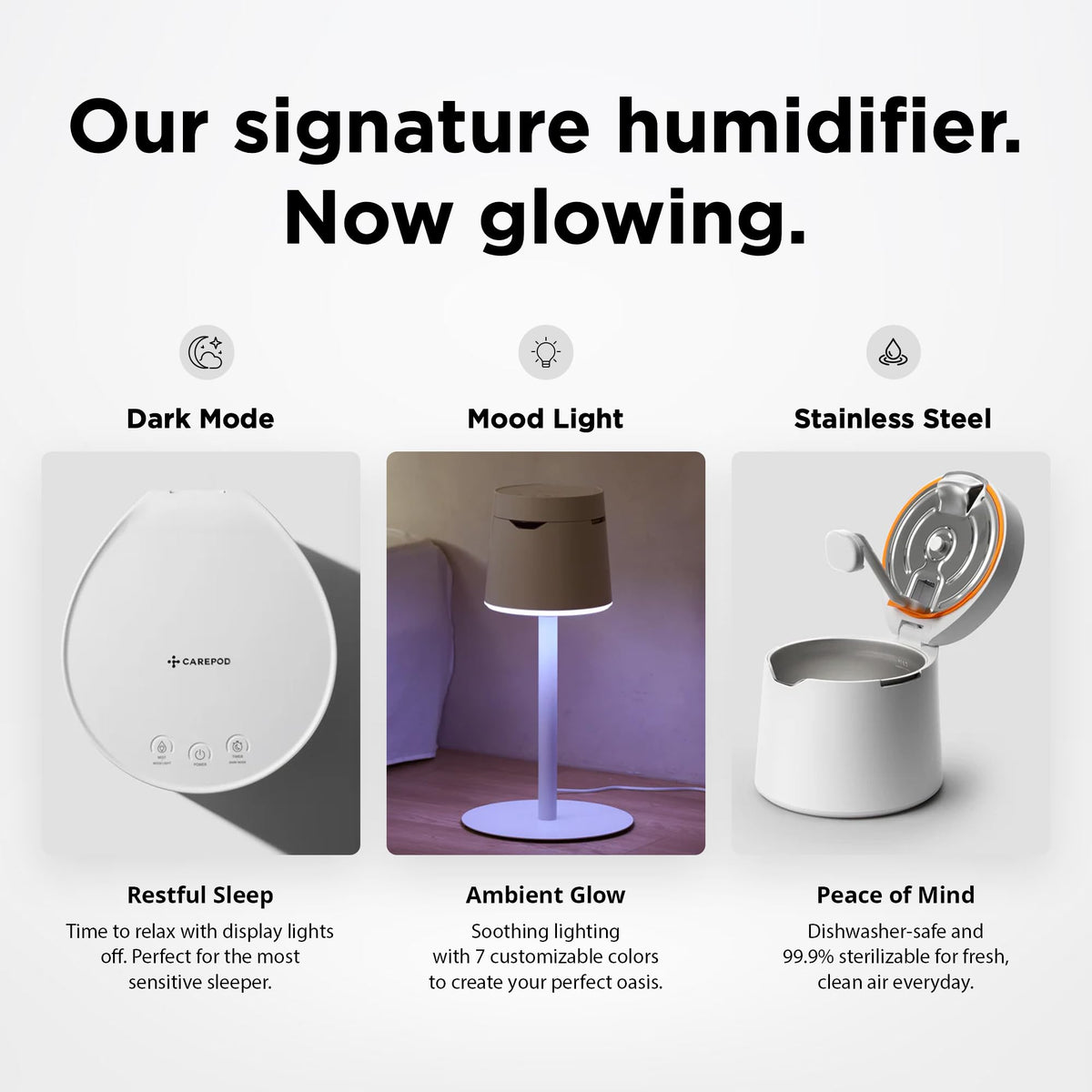 Carepod One Plus with Stand - Stainless Steel Humidifier for Large Room with Mood Light, Quiet & Safe for Baby, Only 3 Washable Parts, Easy to Clean Ultrasonic Cool Mist Humidifiers for 30Hrs, 1Gal/4L