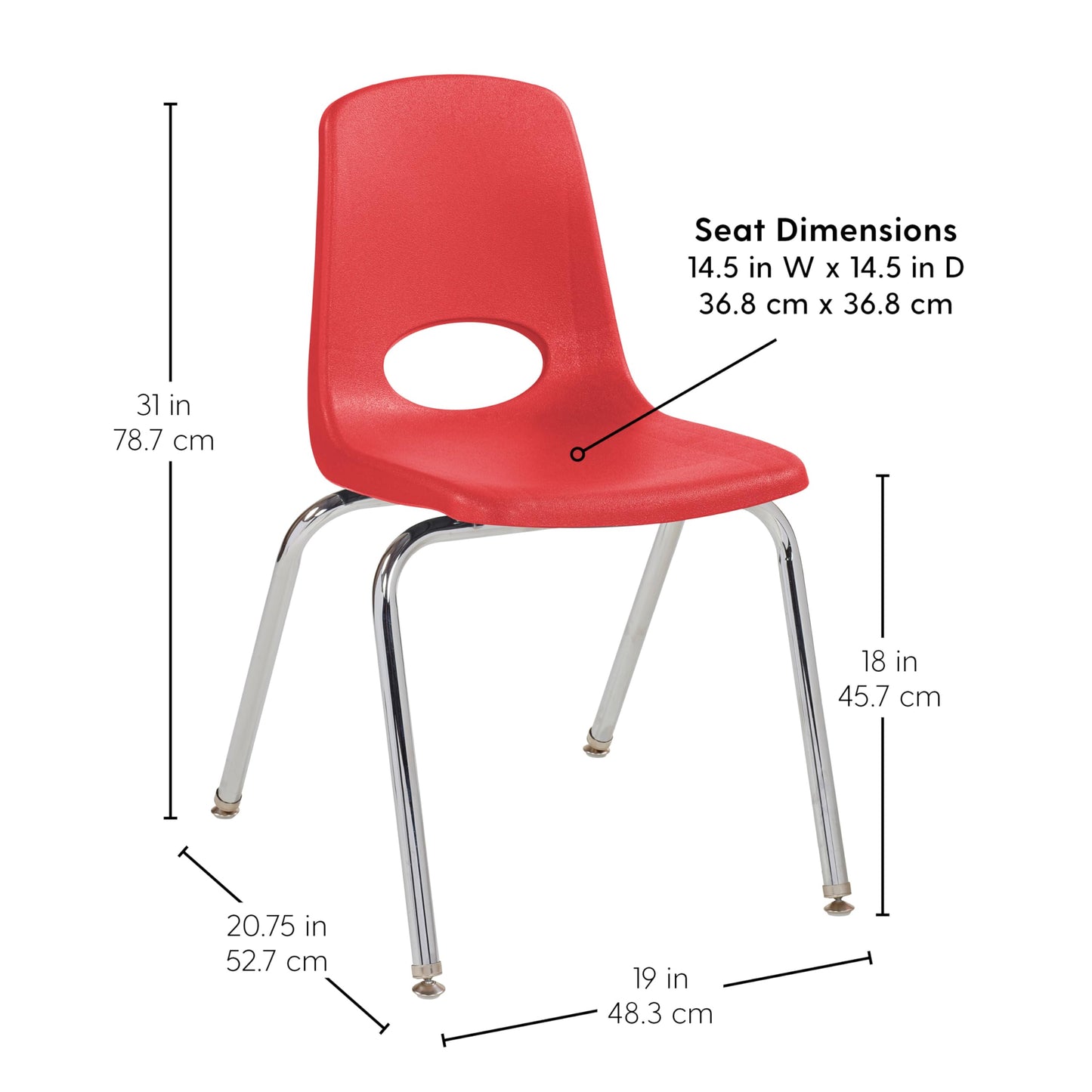 FDP 18" School Stack Chair, Stacking Student Seat with Chromed Steel Legs and Nylon Swivel Glides For In-Home Learning, Classroom or Office - Red (5-Pack), 10371-RD