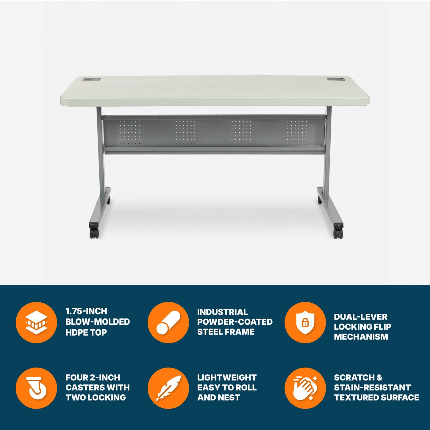 OEF Furnishings OEFBPFT2460 Commercial-Grade Premium Industrial Nesting Flip-Top Blow-Molded Training Table with Steel Frame and a 1.75" Thick Surface (24" × 60", Speckled Grey Top)