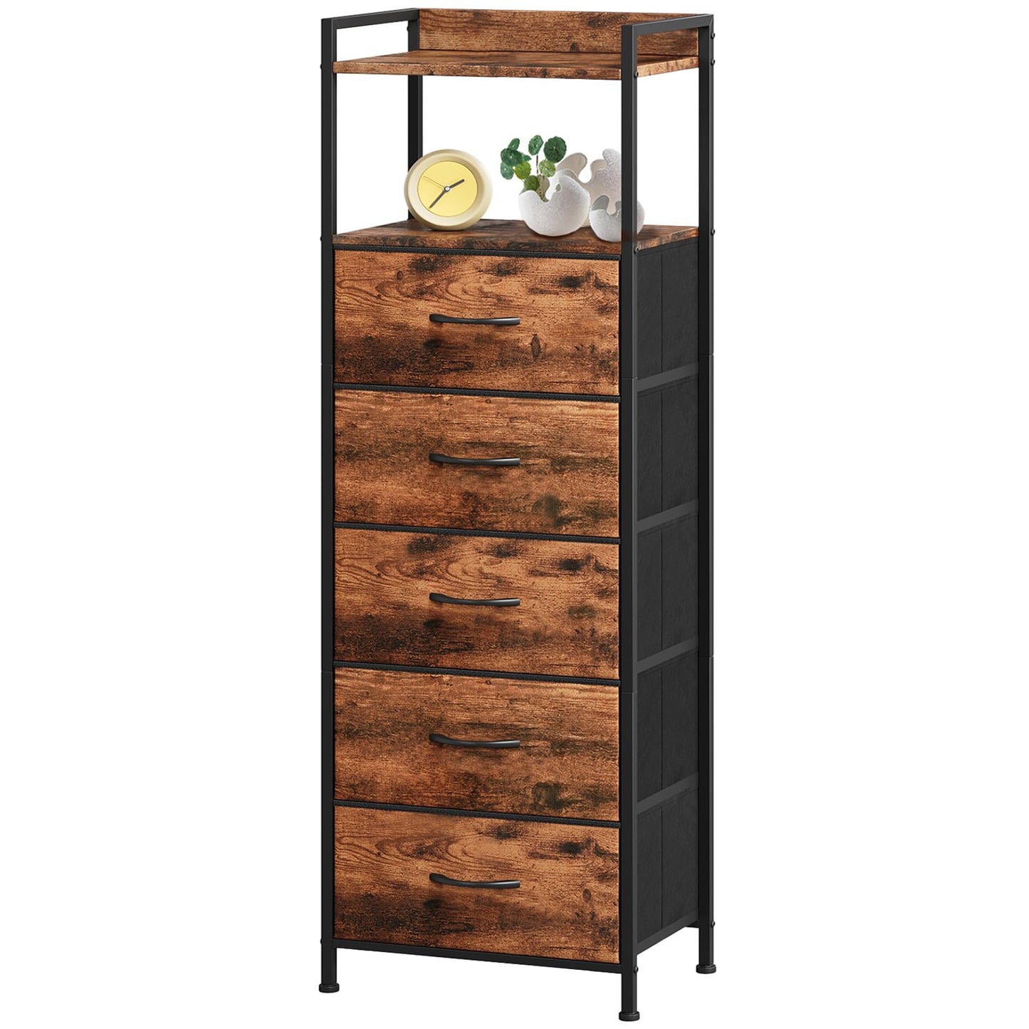 Somdot Tall Nightstand for Bedroom, Tall 5 Drawers Dresser, Vertical Storage Tower Unit, Nightstand Furniture with Fabric Drawer Organizer in Bedside Kids Room, Laundry Entryway, Wood Grain Print