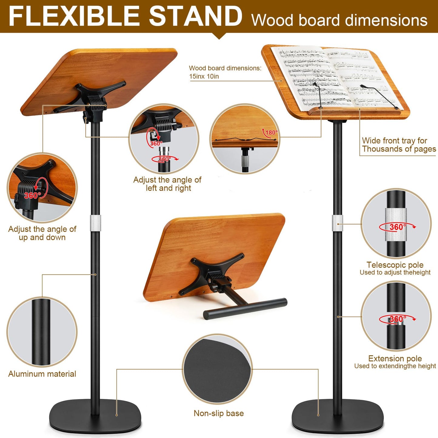 2 in 1 Dual-use Music Stand & Desktop Book Stand, Adjustable Height 16.5"-51", 100% Solid Wood Laptop Floor Stand Book Holder with Elastic Page Clips for Cookbooks (Brown)