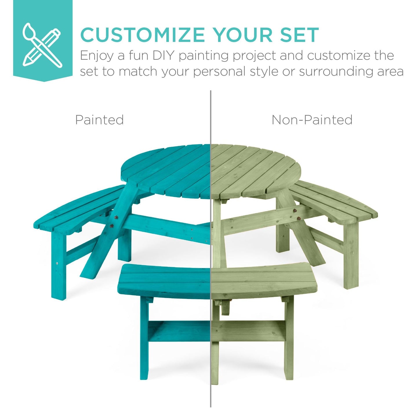 Best Choice Products 6-Person Circular Outdoor Wooden Picnic Table for Patio, Backyard, Garden, DIY w/ 3 Built-in Benches, 500lb Capacity - Sage Green