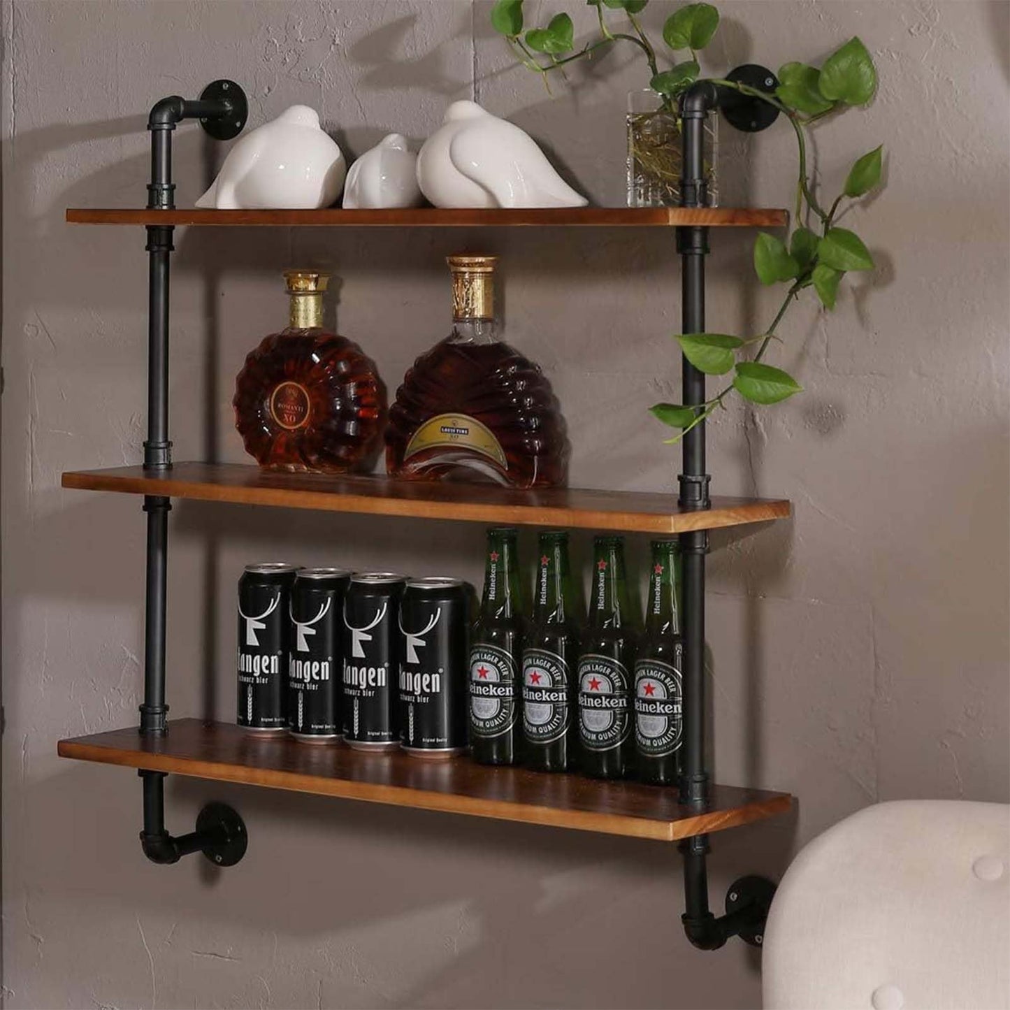 TYUHDUYUR Industrial Pipe Wine Rack for Wall, Kitchen Wall Shelf Unit, 2/3-Tiers Rustic Floating Bar Shelves, Creative Iron+Wood Art Plant Stand for Living Room Office Cafe(80x25x65cm) ()