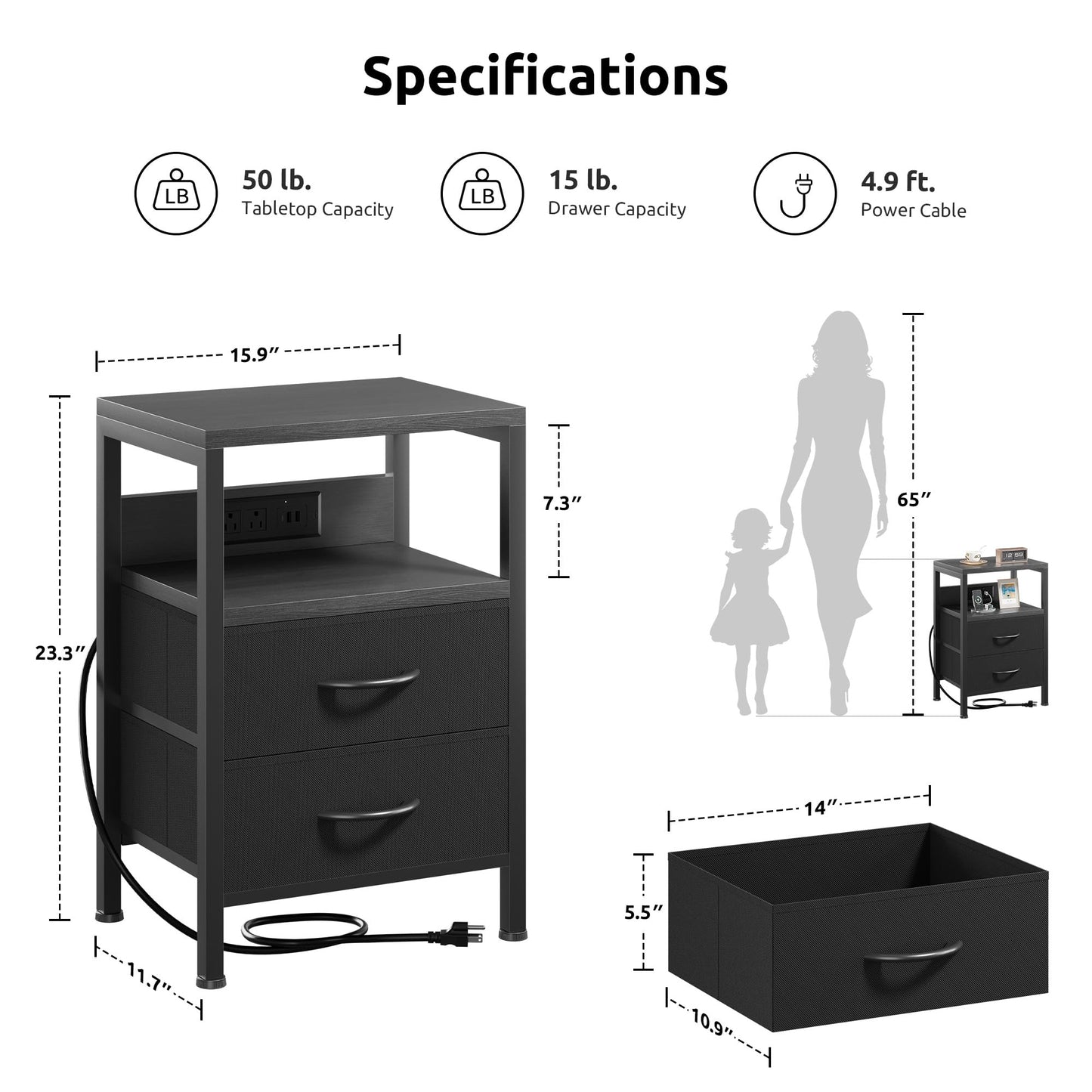 Lazzanto Nightstand Bedside Charger Table for Bedroom - Night Stand with Charging Station, Modern Nightstand with Open Shelf & 2 Fabric Drawers, Bed Side Table with USB-C Port for Dorm, Black