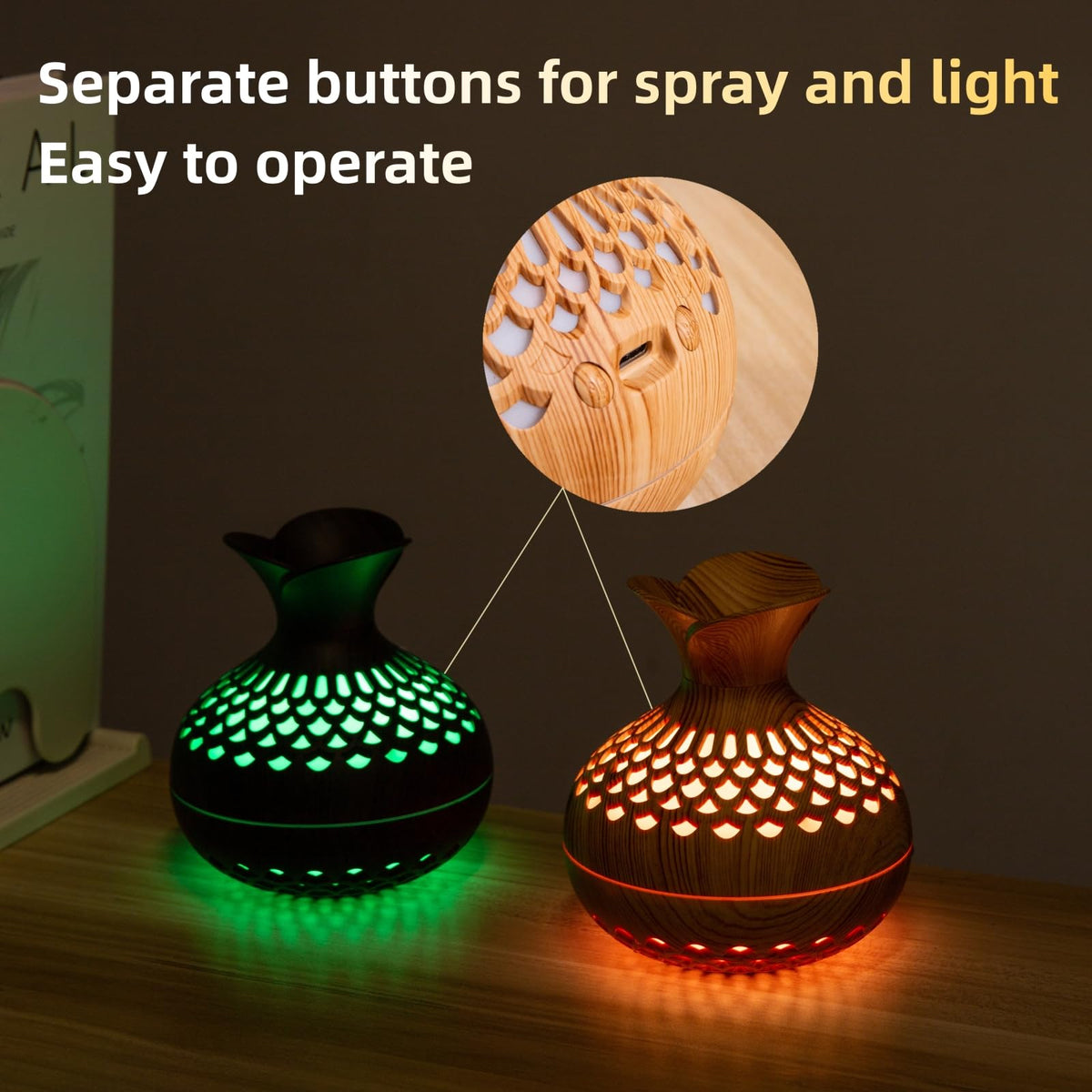 Colorful Cool Mini Humidifier, Flower Shape USB Personal Desktop Humidifier for Car, Office Room, Bedroom,etc. 2 Mist Modes, 7 colors,Super Quiet (Darkwood)
