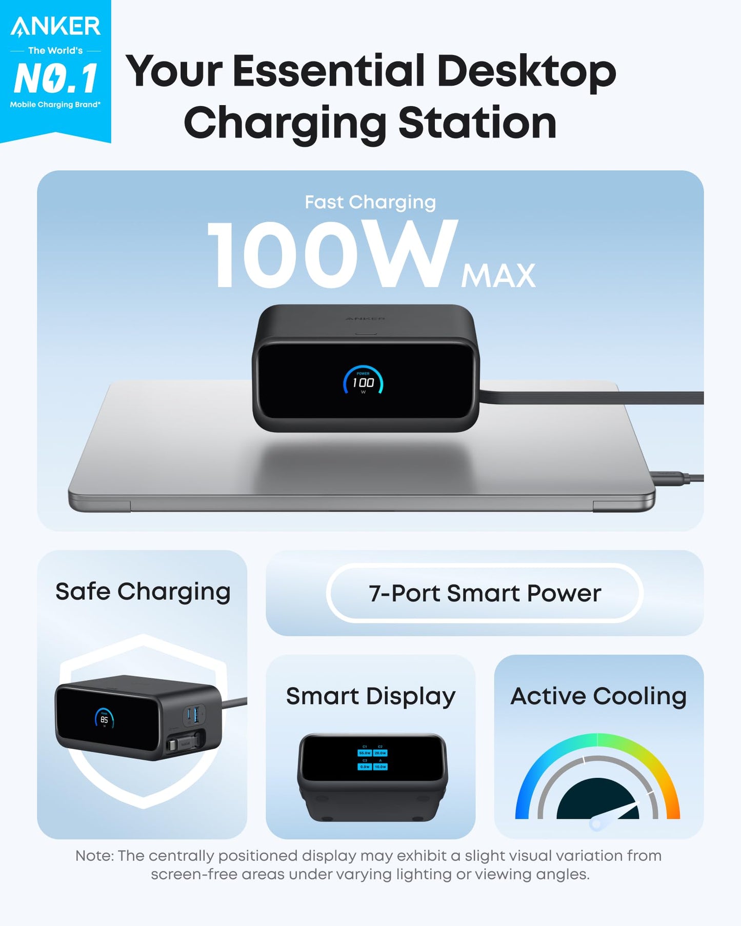 Anker Nano Charging Station, 100W 7-in-1 Power Strip, 2.3ft InstaCord Retractable Cable, Gaming Desk Accessories for Multiple Devices, 3 AC, 3 USB C, 1 USB A, MacBook Charger, Home Office(Non-Battery)