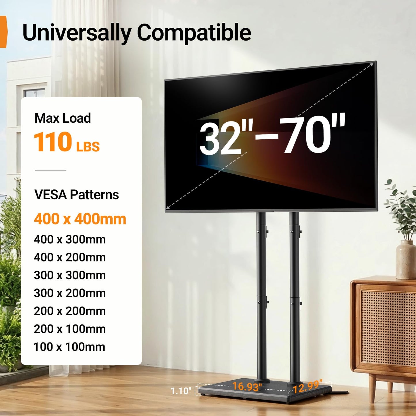 Perlegear Universal Floor TV Stand for 32–70" TVs up to 110 lbs, Height-Adjustable Tall TV Stand with Solid Wood Base & Extra-Stable Anti-Tip Feet, Swivel TV Mount for Bedroom, VESA 400x400, PGFLS34B