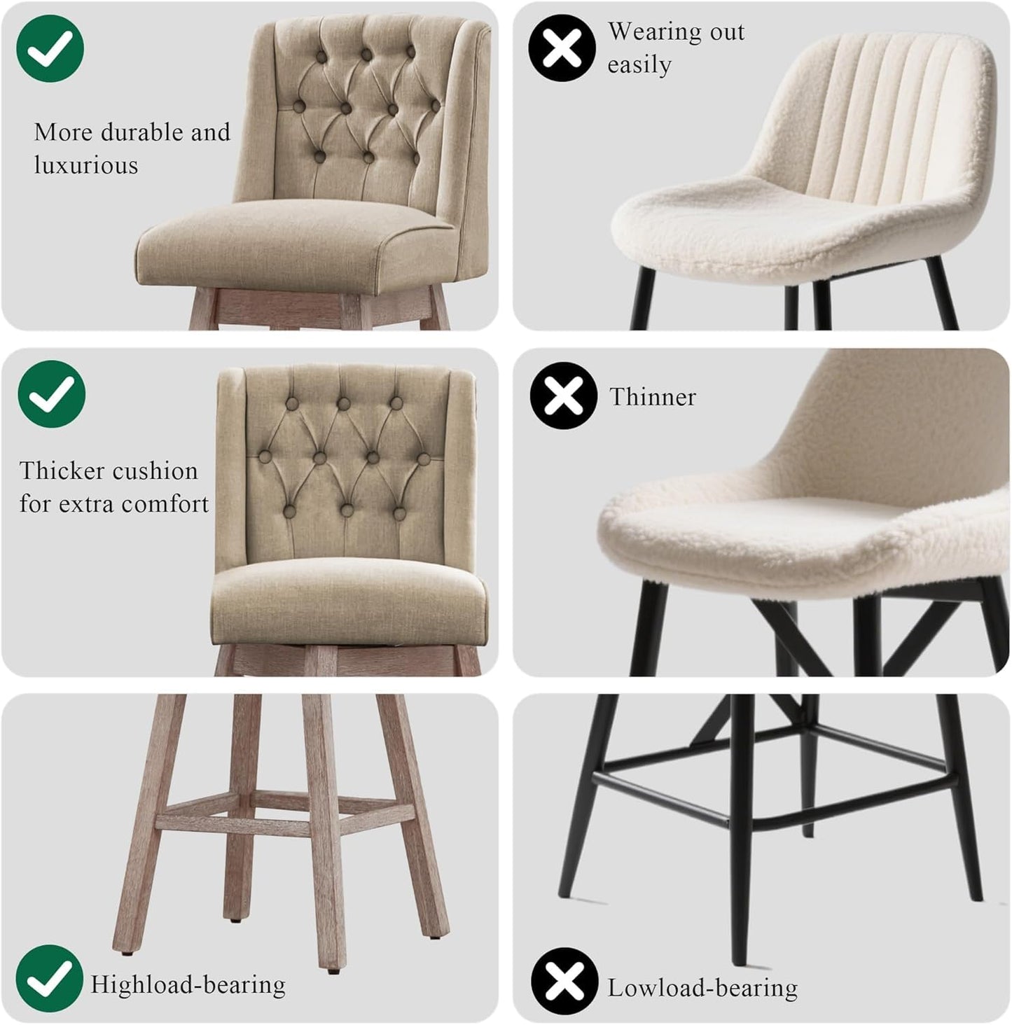 UDAX 26" Swivel Bar Stools Set of 4, Counter Height Barstools with Back, Linen Fabric Upholstered Bar Stools, Modern Barstools Wood Legs for Kitchen Island Dining Room Bar (Brown, 4PCS-26in)