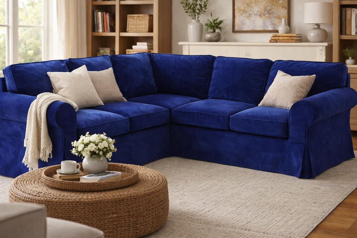Velvet Pets Friendly Sectional Corner Sofa Covers Made Compatible with IKEA Ektorp 4 Four Seat Couch Sofa Slipcovers (Velvet Blue Ektorp 2+2)