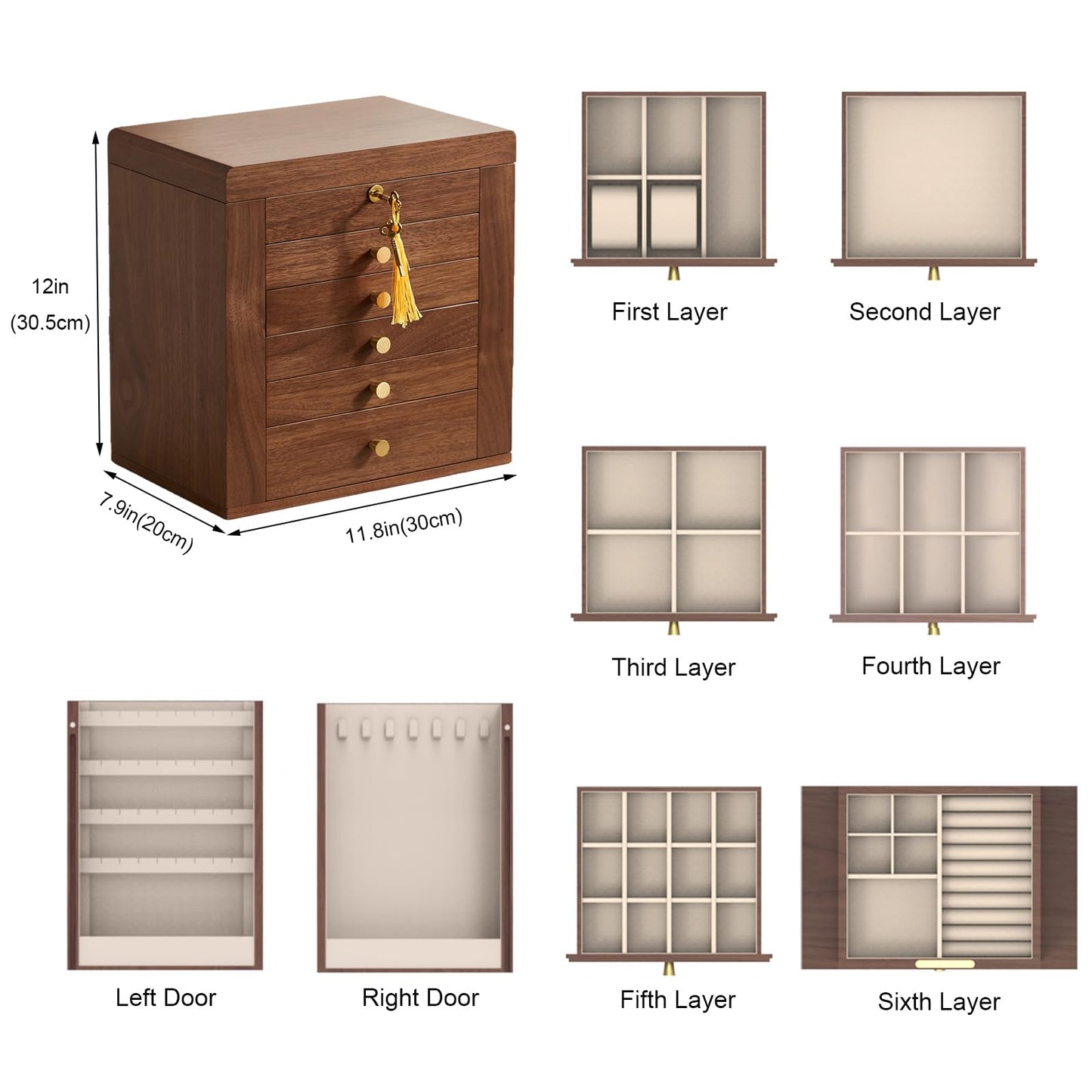 CHOSIN Black Walnut Wooden Jewelry Box, 6-Layer Lockable Wood Jewelry Organizer with Mirror, Side Doors & Brass Handle, Classical Design for Rings, Necklaces, Earrings, Fathers Day Gift