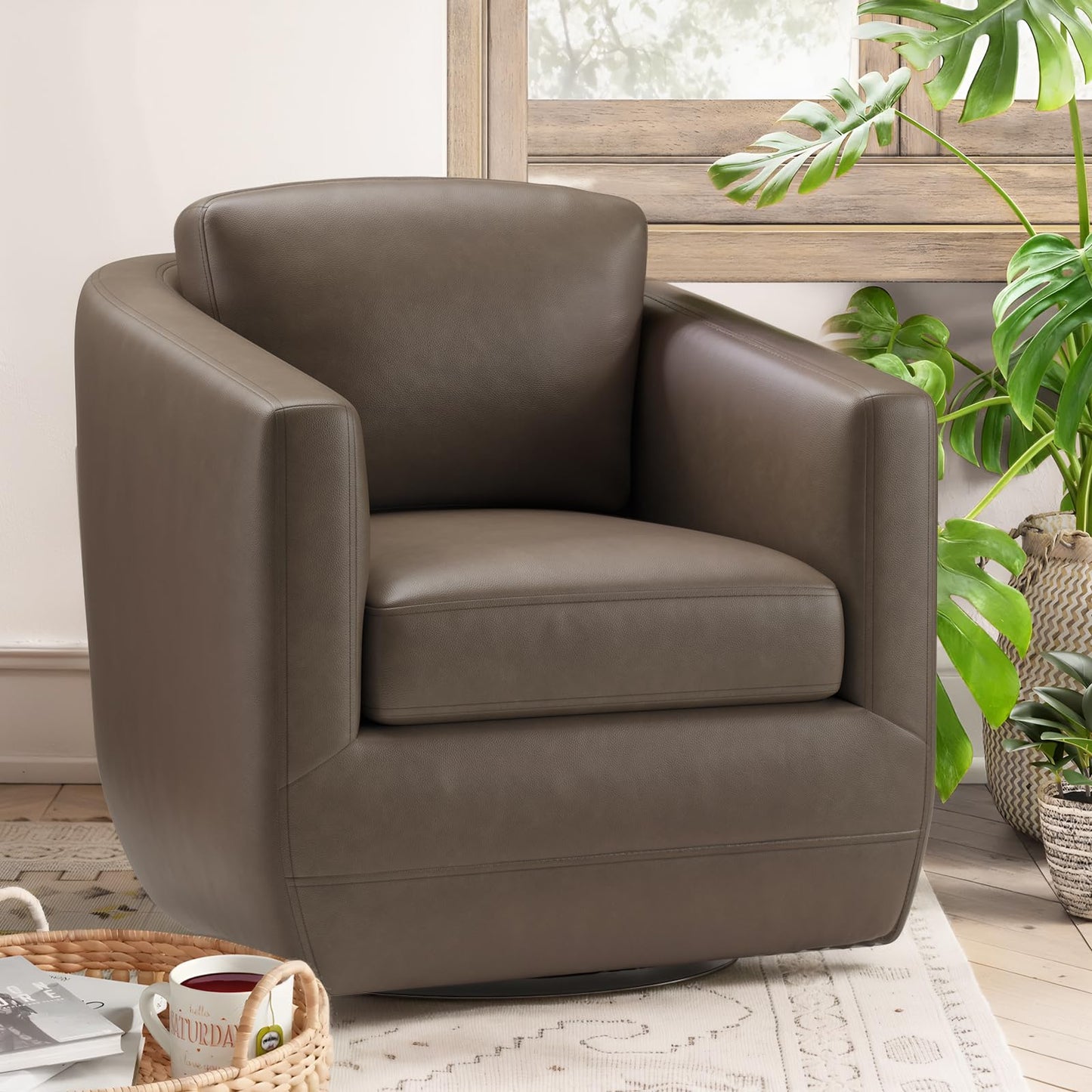 MALOL 360° Comfy Swivel Accent Armchair with Pillow - Fully Assembled Living Room Single Sofa No-Sag Foam & Sturdy Metal Base, Swivel Accent Chair for Bedroom Living Room, Office, Grey