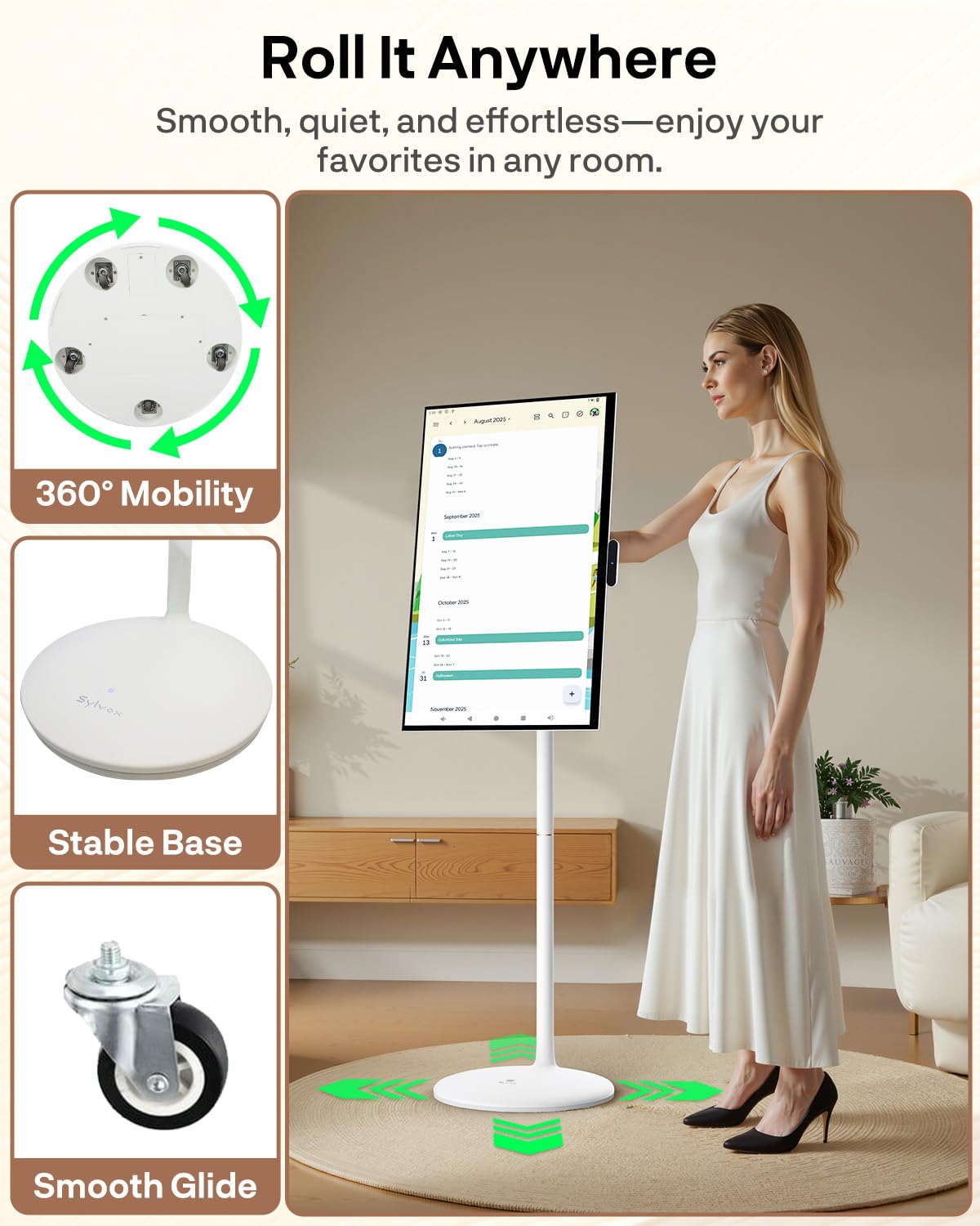 SYLVOX 32" Smart Rolling Display with Stand, Portable Touchscreen Monitor for Streaming TV Apps, Built-in 4-5H Battery, 1080P with 8MP Removable Webcam for Home, Office & Entertainment