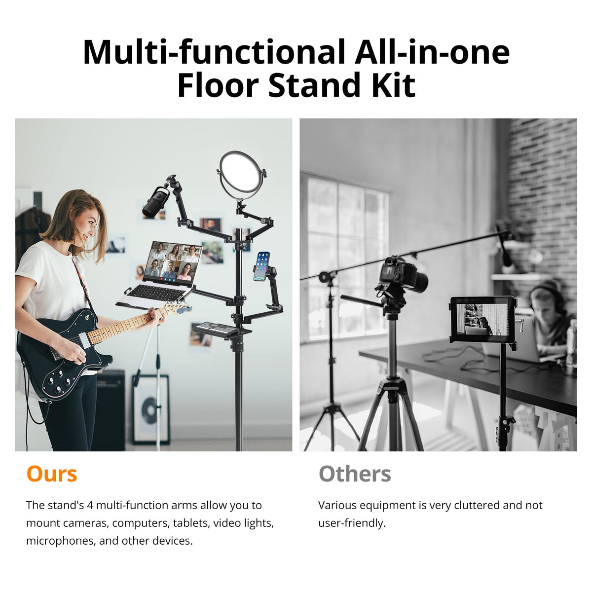 GVM 5-in-1 Movable Live Streaming Floor Stand Kit with Wheels, Overhead Camera Mount with 10" LED Key Light/Mic Boom Arm/Tablet Laptop Phone Stand/Tray for Live Broadcast Podcast Video Recording Game