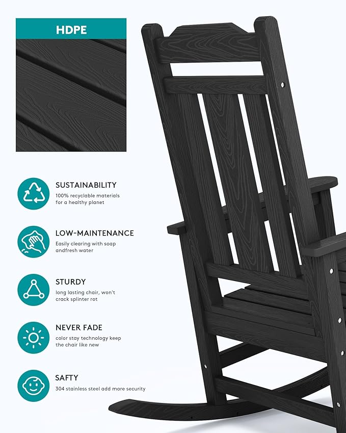 SERWALL Black Outdoor Rocking Chair Set of 2, All Weather Patio Rocking Chair