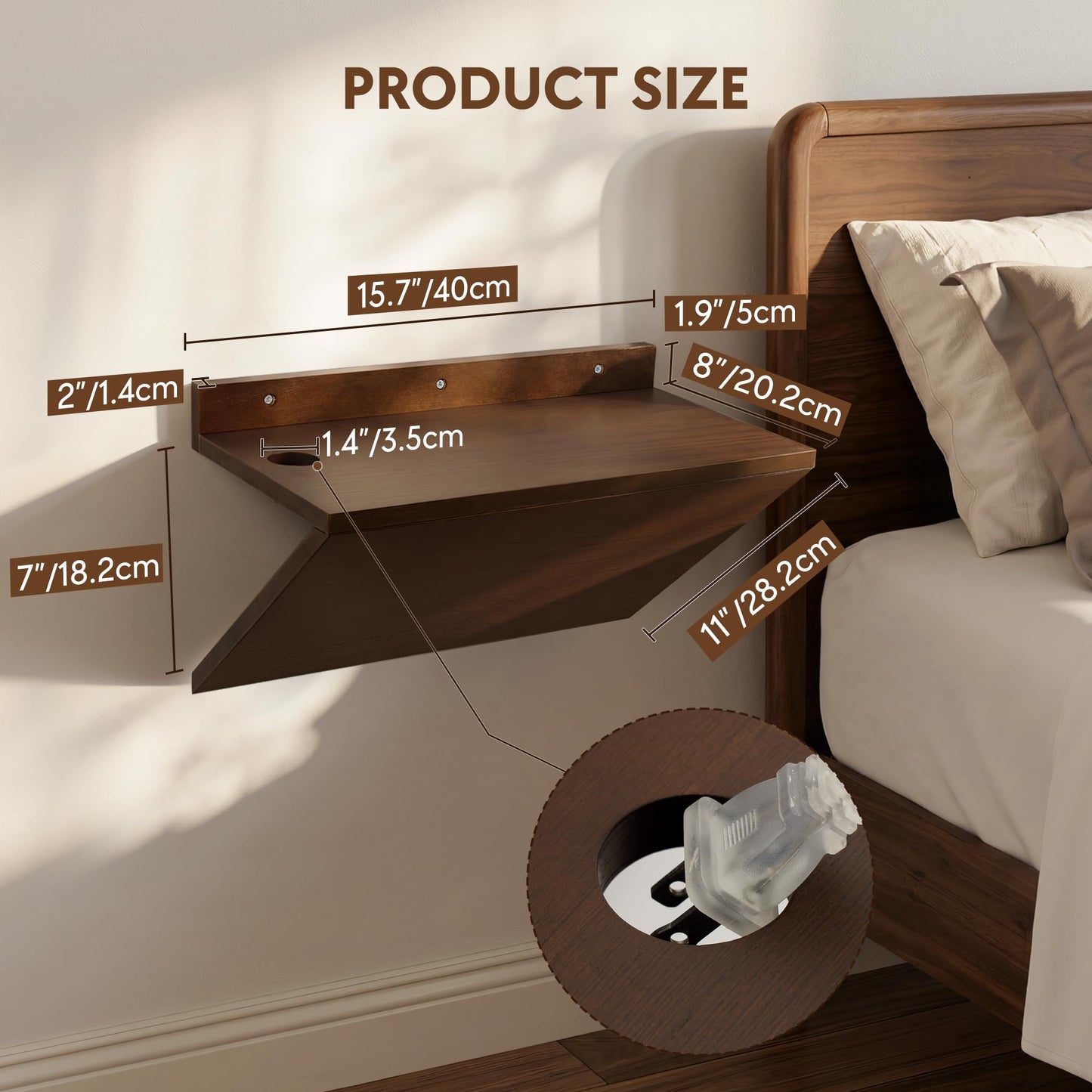 Petrala Floating Nightstands Set of 2, Wall Mounted Night Stand Walnut Wooden Bedside Shelf Mid Century Modern Small Hanging Side Table Narrow Nightstand Shelves Organizer for Bedroom Small Spaces