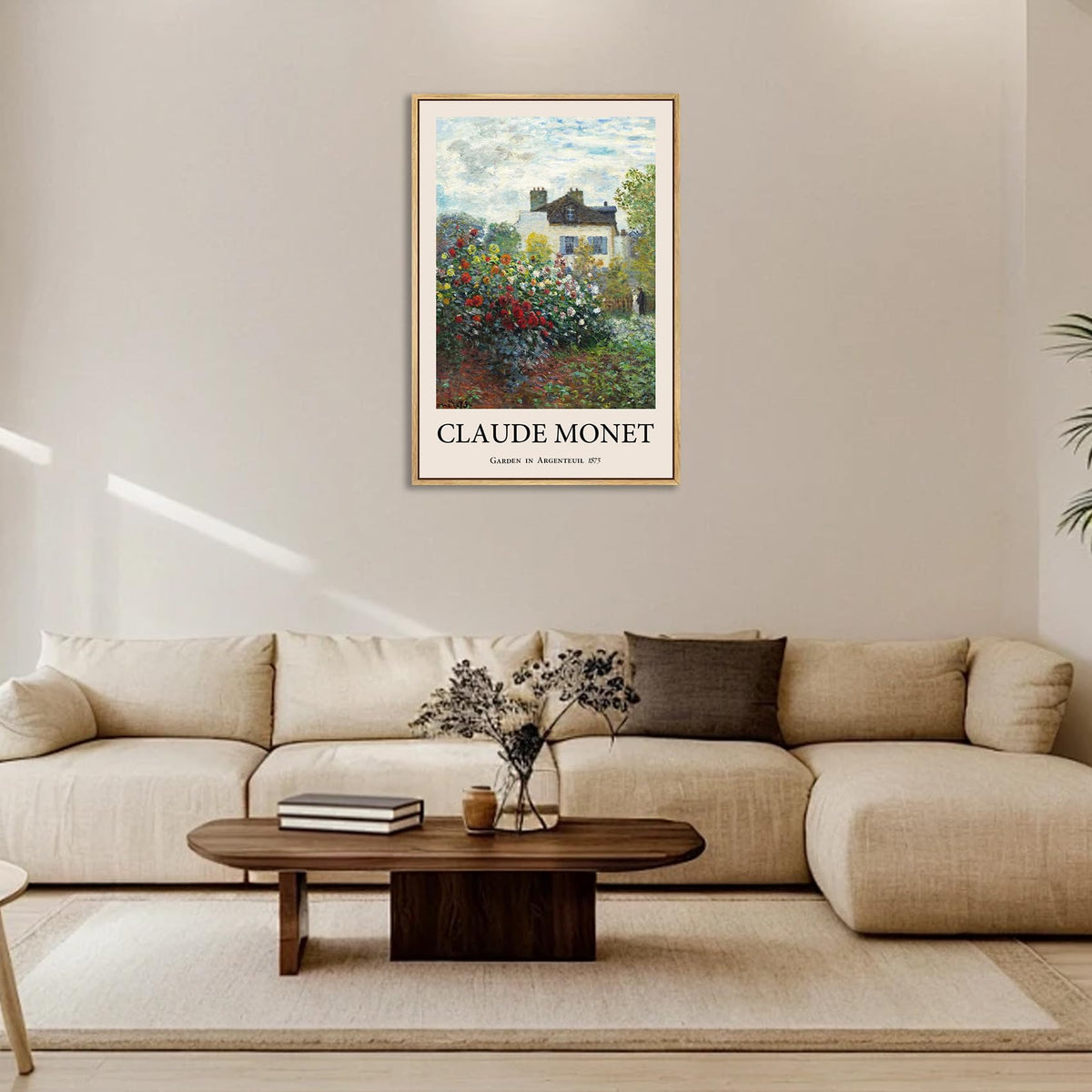 LARAGE Claude Monet Framed Canvas Wall Art,Garden in Argenteuil Famous Oil Painting Pictures,Impressionist Famous Reproductions Artwork for Living Room Office Classroom Wall Decor -12x16in
