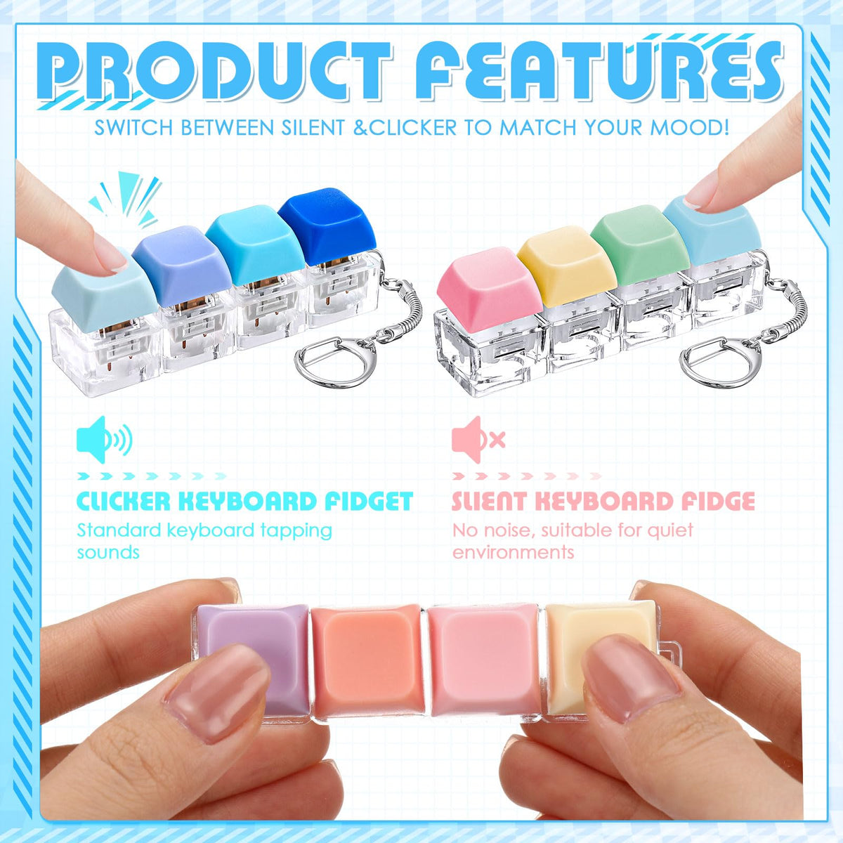 Halloscume 8 Pcs Silent and Click Sound Keyboard Adult Fidget Clicker Toy 4-in-1 Keyboard Fidget Keychain Cube Mechanical Key Button Clicker Stress Relief Gift for Office School Home to Pass the Time