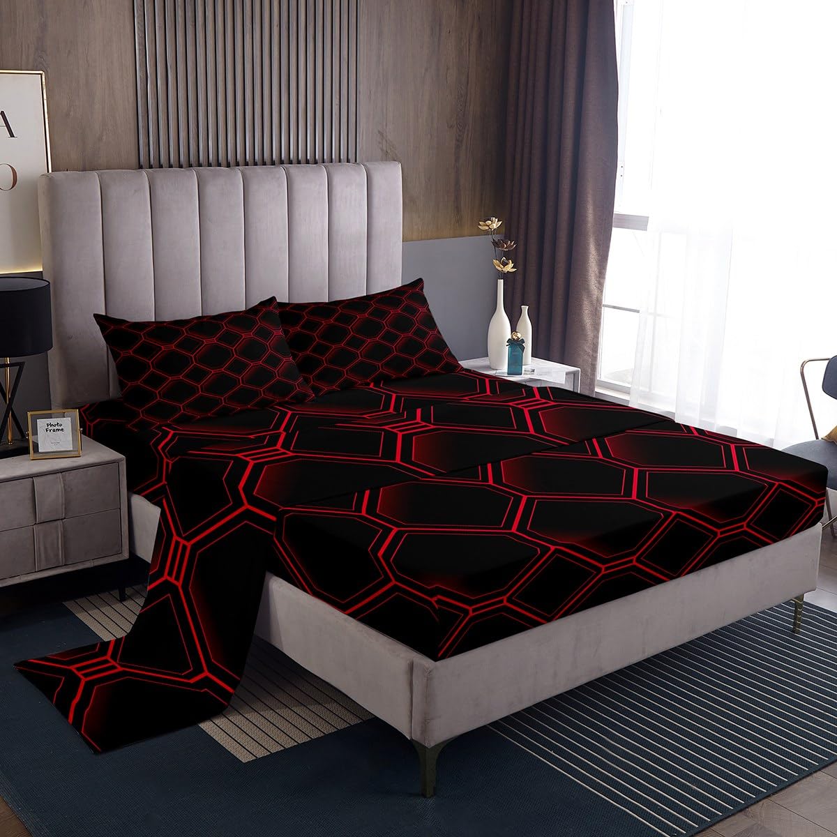 Erosebridal Honeycomb Queen Sheet Set for Boys Kids,3D Stereoscopic Red and Black Hexagon Sheets Geometric Hexagonal Beehive Bed Sheets Set,Abstract Art Geometric Room Decor