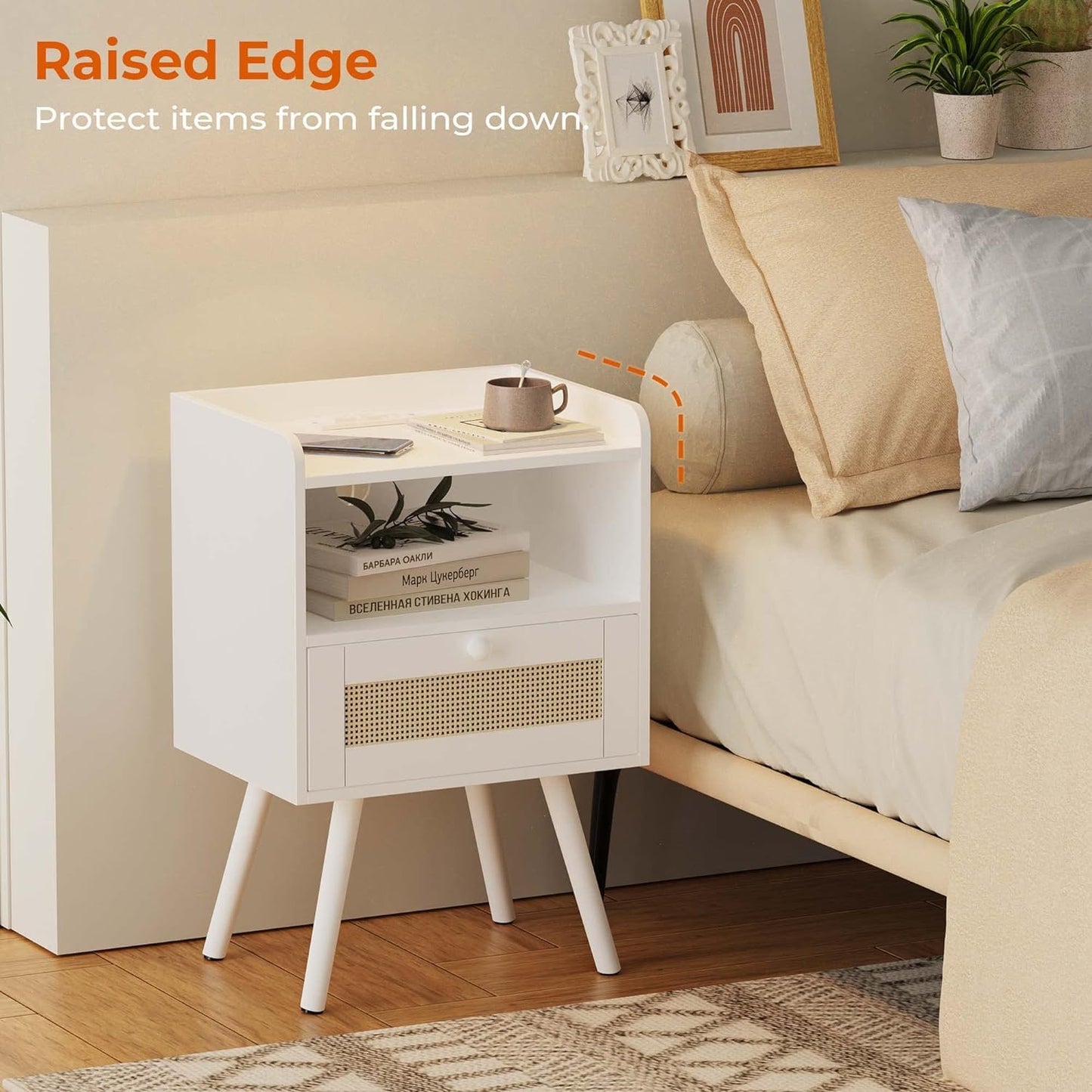 SUPERJARE Nightstand with Charging Station & Rattan-Like Decor Drawer, Rattan End Table with Solid Wood Feet, Bed Side Table with Open Storage, for Bedroom, Living Room, Dormitory - White
