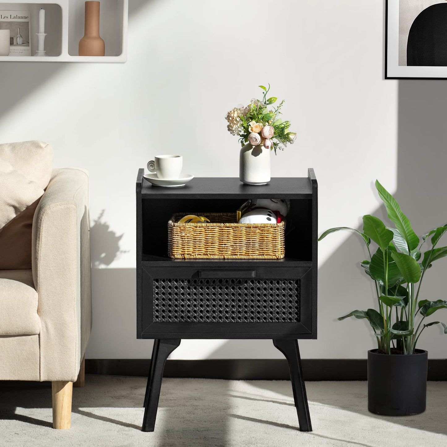 Lerliuo Rattan Nightstands Set of 2, Boho Side Table with Drawer Open Shelf, Cane Accent Bedside End Table with Solid Wood Legs for Bedroom, Dorm and Small Spaces (Black)