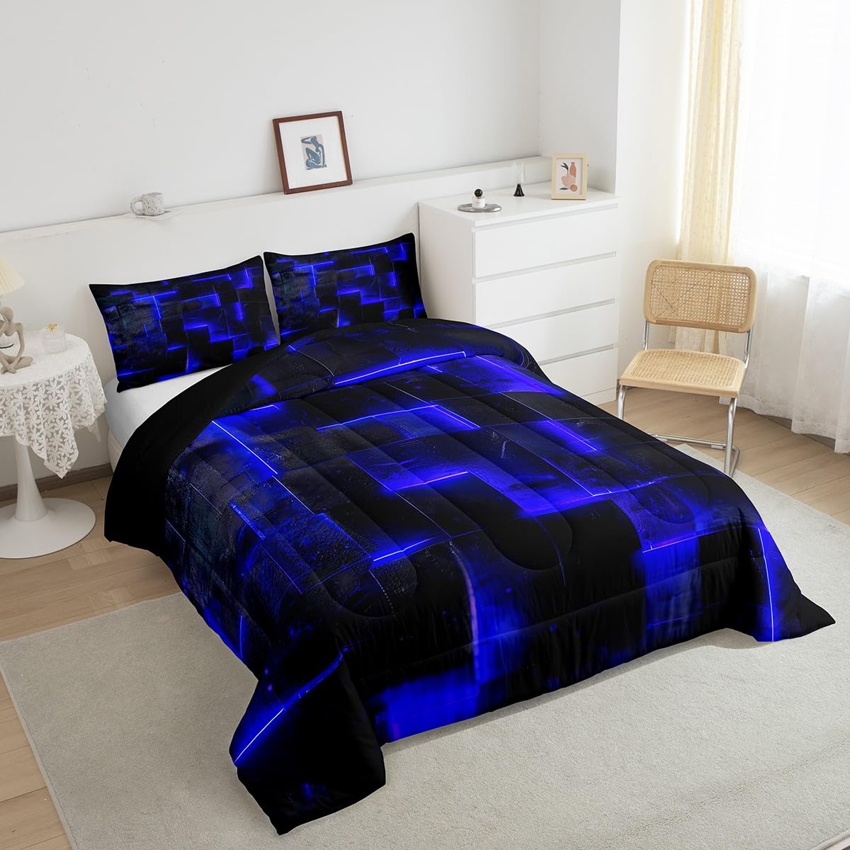 Navy Blue Black Bedding Twin 3D Glowing Buffalo Twin Comforter Set Modern Abstract Art Bedding Comforter Sets Geometric Plaid Duvet Insert, Gradient Futuristic Cubes Down Comforter (Black Reversible)