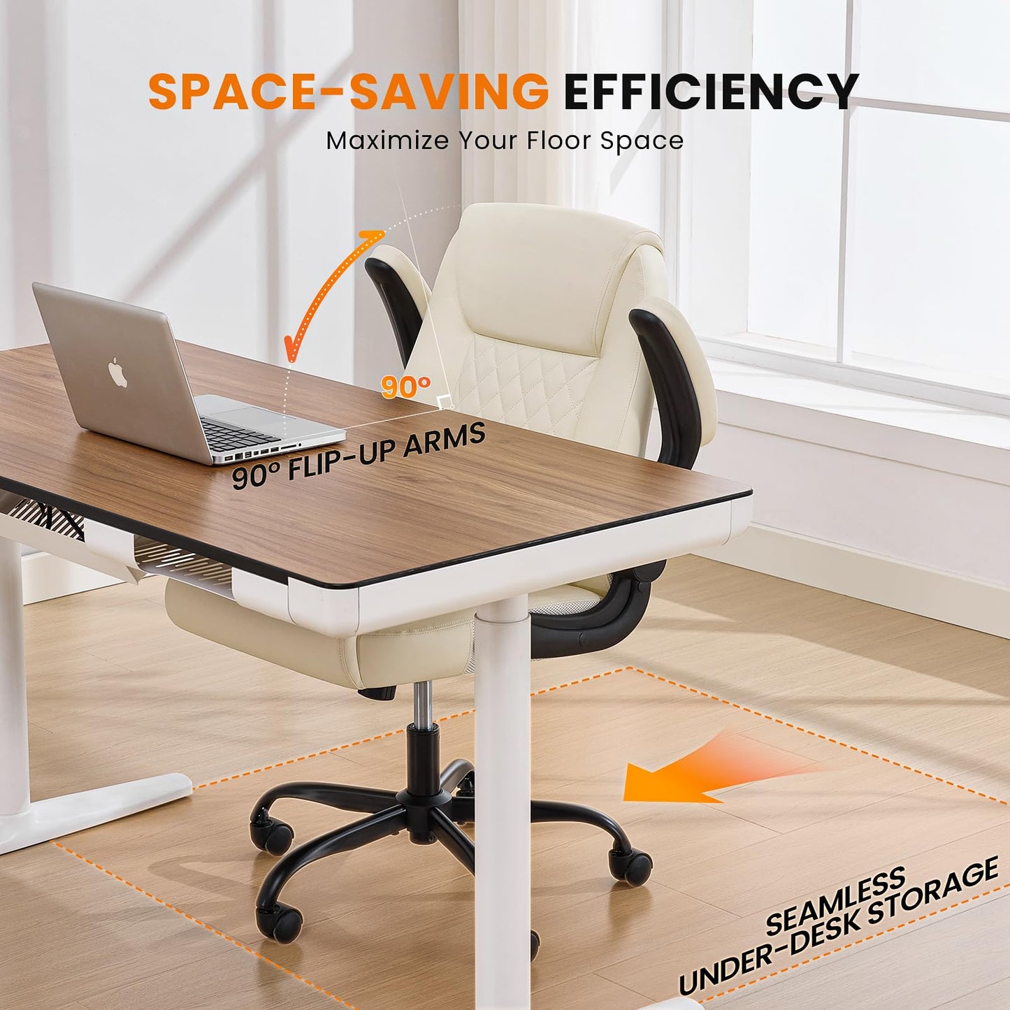 Leather Office Chair, 300lbs Heavy Duty Mid-Back Desk Chairs with Flip-up Armrests, Space-Saving Swivel Task Chair with Wheels, Adjustable Height and Ergonomic Back Support, Beige