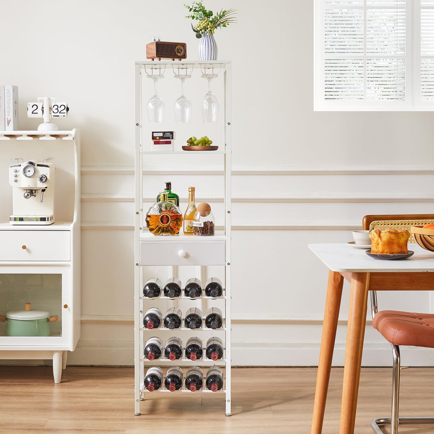 IBUYKE Wine Rack Freestanding Floor, Bar Cabinet for Liquor and Glasses,Coffee Bar Cabinet 4-Tier Wood bar Cabinet,Glass Holder and Storage Drawer for Home Bar Kitchen Living Room,White UTMJ905W