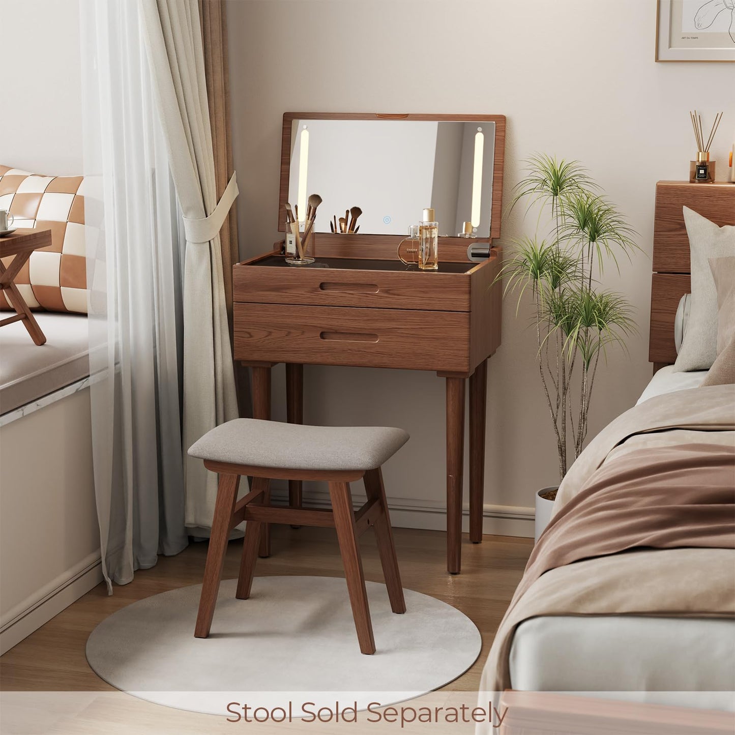 Muwuele Solid Wood Small Vanity Desk with Mirror and Lights, Narrow Makeup Vanity for Small Space, Flip Top Vanity Side Table, 3 Color Modes & Adjustable Brightness, 23.6" Slim Dressing Table, Walnut