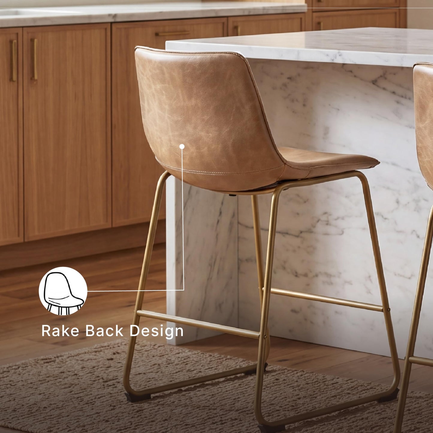 Signature Design by Ashley Lexadine Mid Century Modern Dining Chairs Set of 2, Cushioned Faux Leather Bucket Seat, Metal Frame for Kitchen Table, Toast Light Brown and Gold