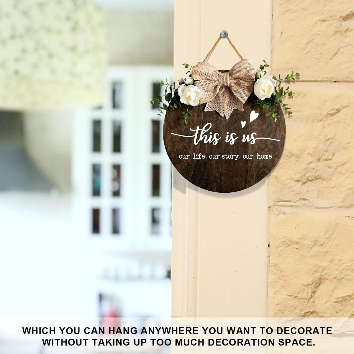 This is Us" Welcome Sign, Farmhouse Round Wood Hanging Door Decor with Ribbon Bow and Artificial Greenery, Rustic Front Porch Wreath for Thanksgiving, Christmas, Brown Home Entry Decor