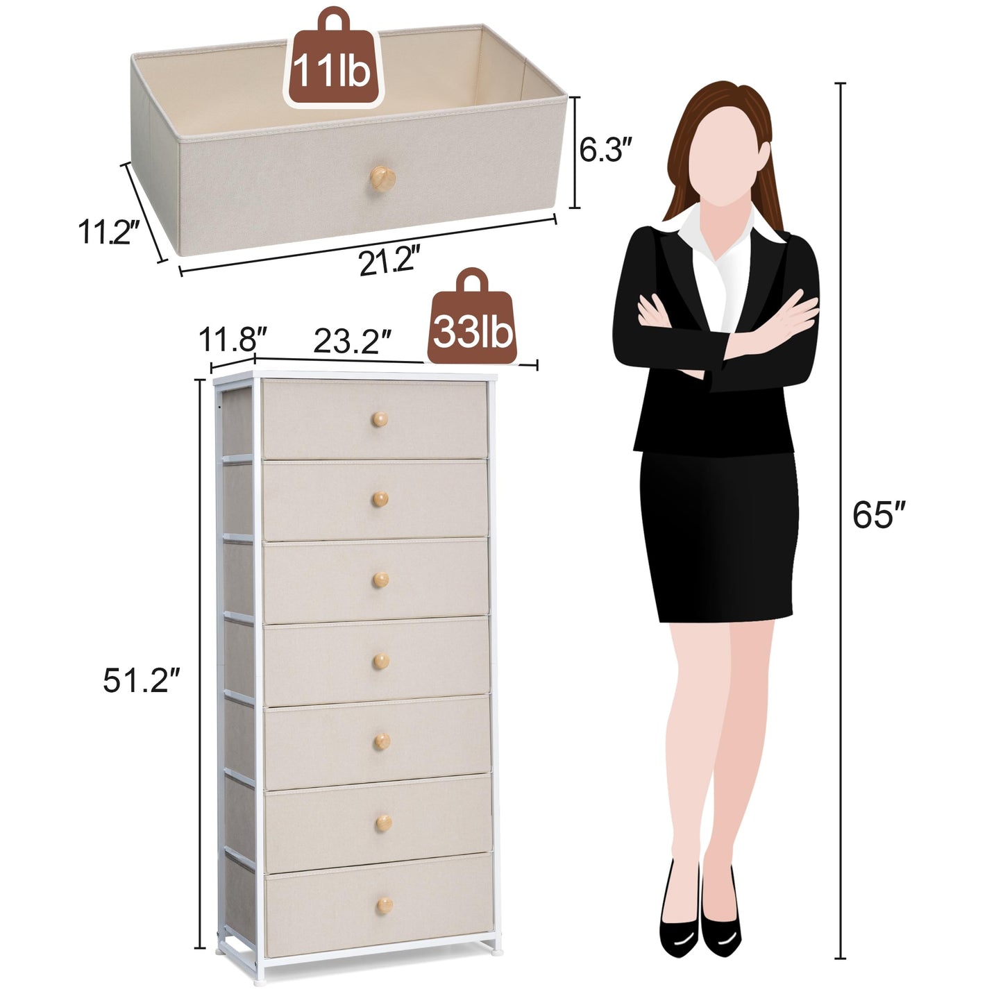 Crestlive Products Tall Dresser, 7-Drawer Wide Fabirc Storage Tower, Chests of Drawers - Vertical Organizer Unit for Bedroom, Hallway, Entryway, Nursery, Wood Top, Closets with Handles (Beige)