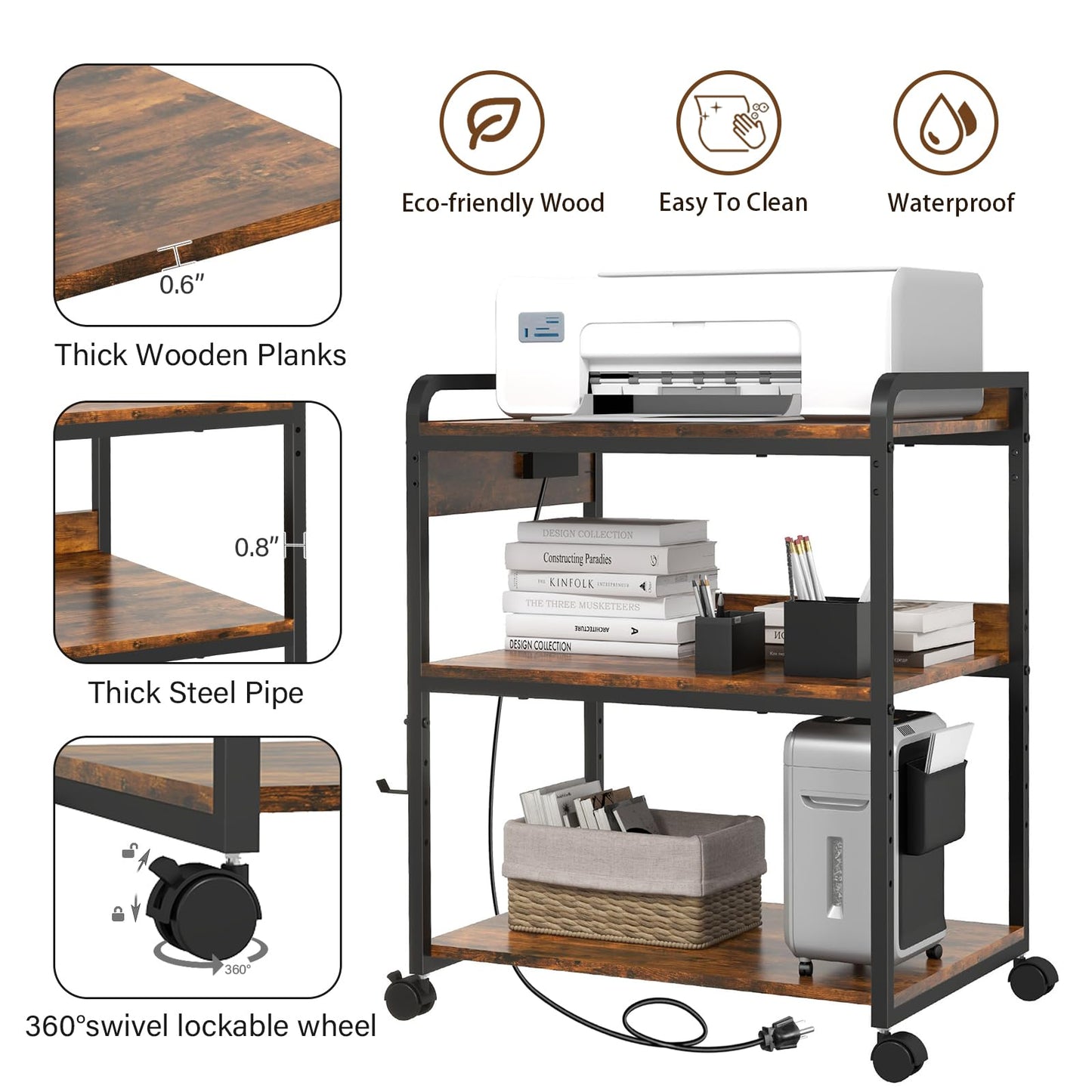 Livofloral 3 Tier Large Printer Stand with Wheels, 25.2 x 18.9 Inch Printer Stand with Power Outlet USB Port, Printer Table with Adjustable Storage Shelf for Home Office, Rustic Brown