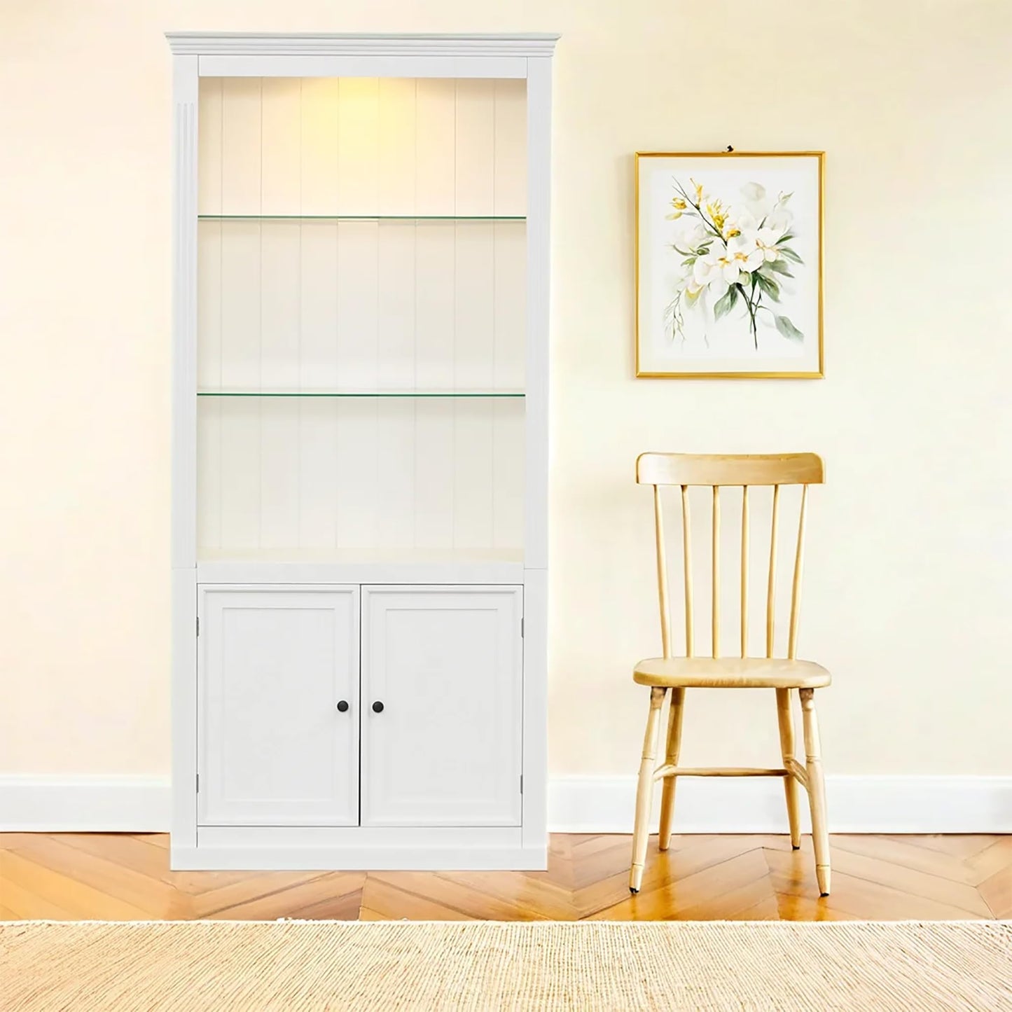 Merax White Narrow Bookshelf 35" Wide 79" MDF Tall Bookcase Collection Books Storage Cabinet with Adjustable 5 Colors Ceiling Light for Living Room, Home Office, Studio