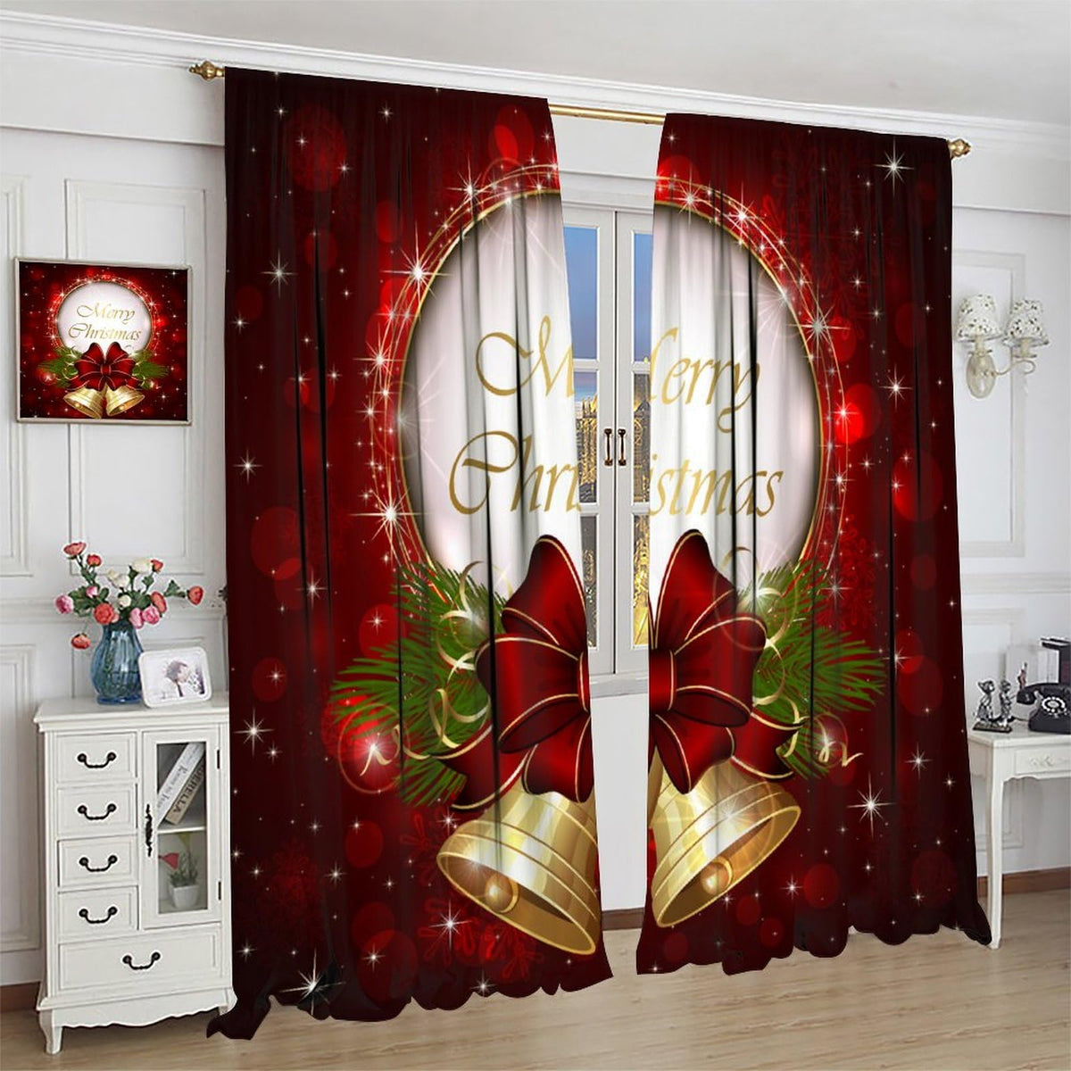 Merry Christmas Curtains Red Sparkling Dingdang Winter Christmas Holiday Bell Festivals Atmosphere Blackout Window Treatment for Happy Festival Living Room Bedroom Home Decor Window Drapes 52"W X 84"L