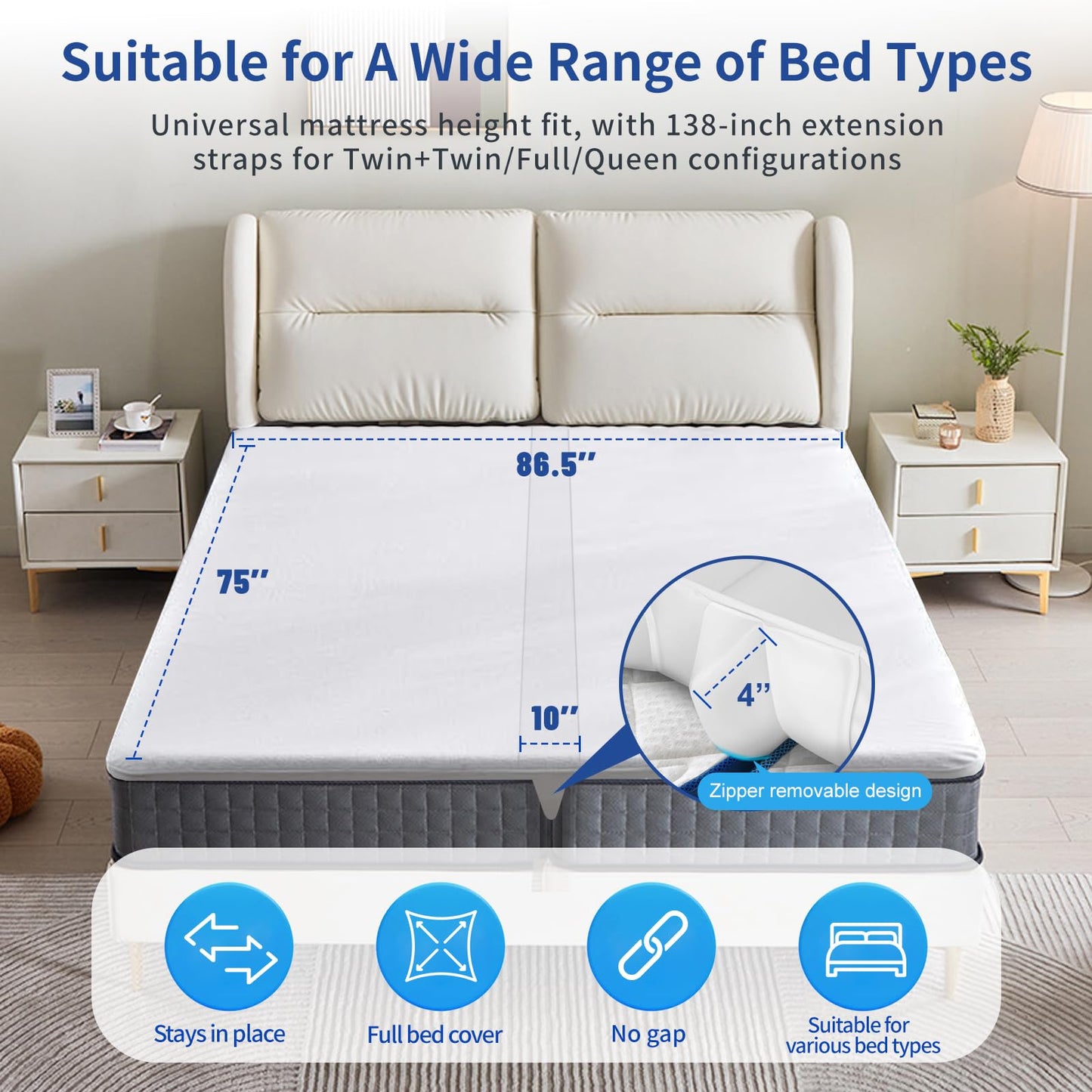 LIFVEAN Upgrade 3-in-1 Bed Bridge, Twin to King Bed Converter with Sheet Strap Set, Split King Gap Filler, Removable