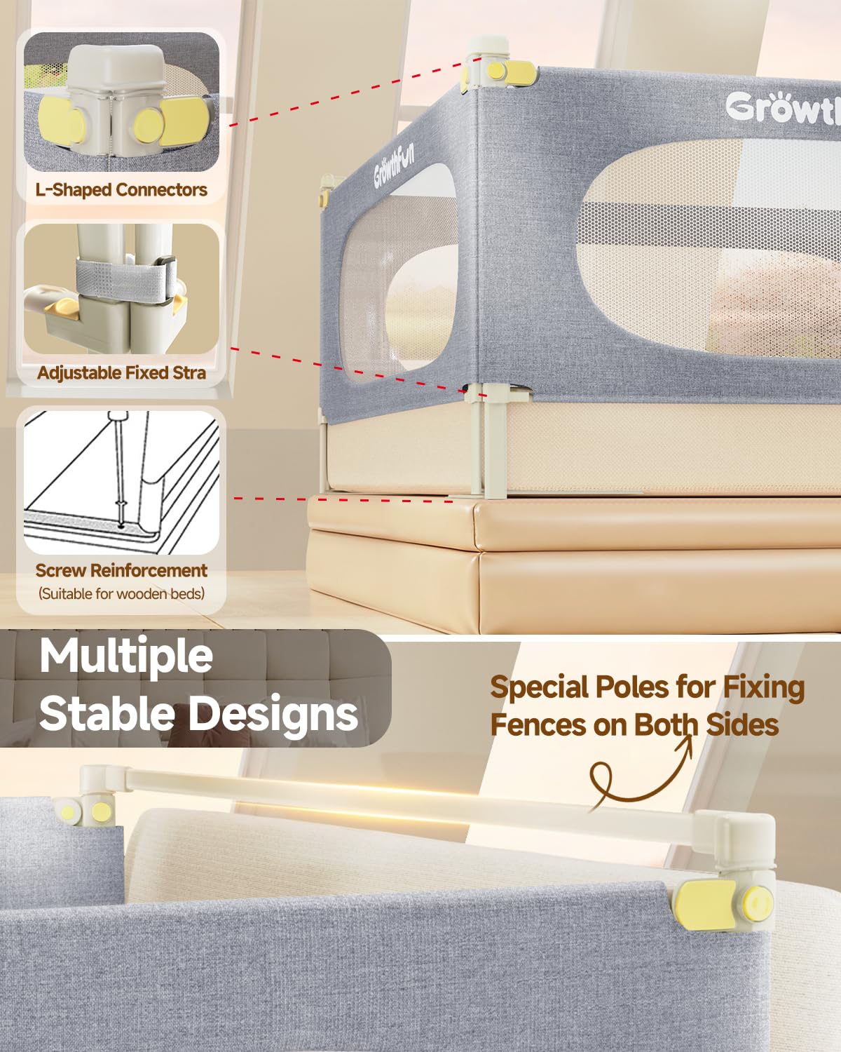 GrowthFun 3-Piece King Size Bed Rail for Toddlers, Baby Bed Rail Guard with Height Adjustable Toddlers Bed Rail, Kids Safety Bed Rail for King Size Bed (78.7"x78.7"x74.8" - Grey)