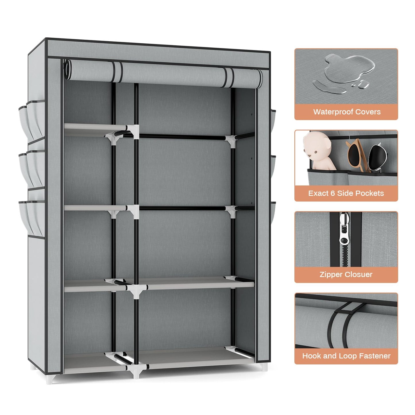 VTRIN Wardrobe Closet, 41.7 Inch Wide Portable Closets for Hanging Clothes with 1 Hanging Rod, 6 Shelves, 6 Pockets, Clothes Rack with Cover Portable Wardrobe Closet for Bedroom, Dorm, Grey