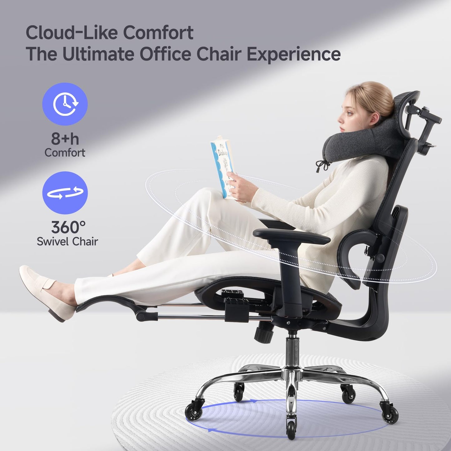 LarkLeaves Office Chair with Footrest, Ergonomic Chair with Neck Pillow & Rubber Wheels, Computer Chair with Adjustable Backrest & 3D Armrests Headrest, Gaming Chair Adaptive Lumbar Support, Black