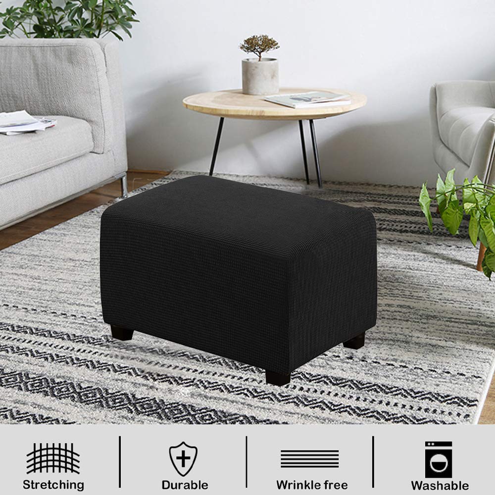 VIENLOVE Rectangle Ottoman Slipcover Polyester Blend Footstool Protector Covers Stretch with Elastic Bottom Feature Textured Machine Washable Jacquard Fabric (Black, Large)