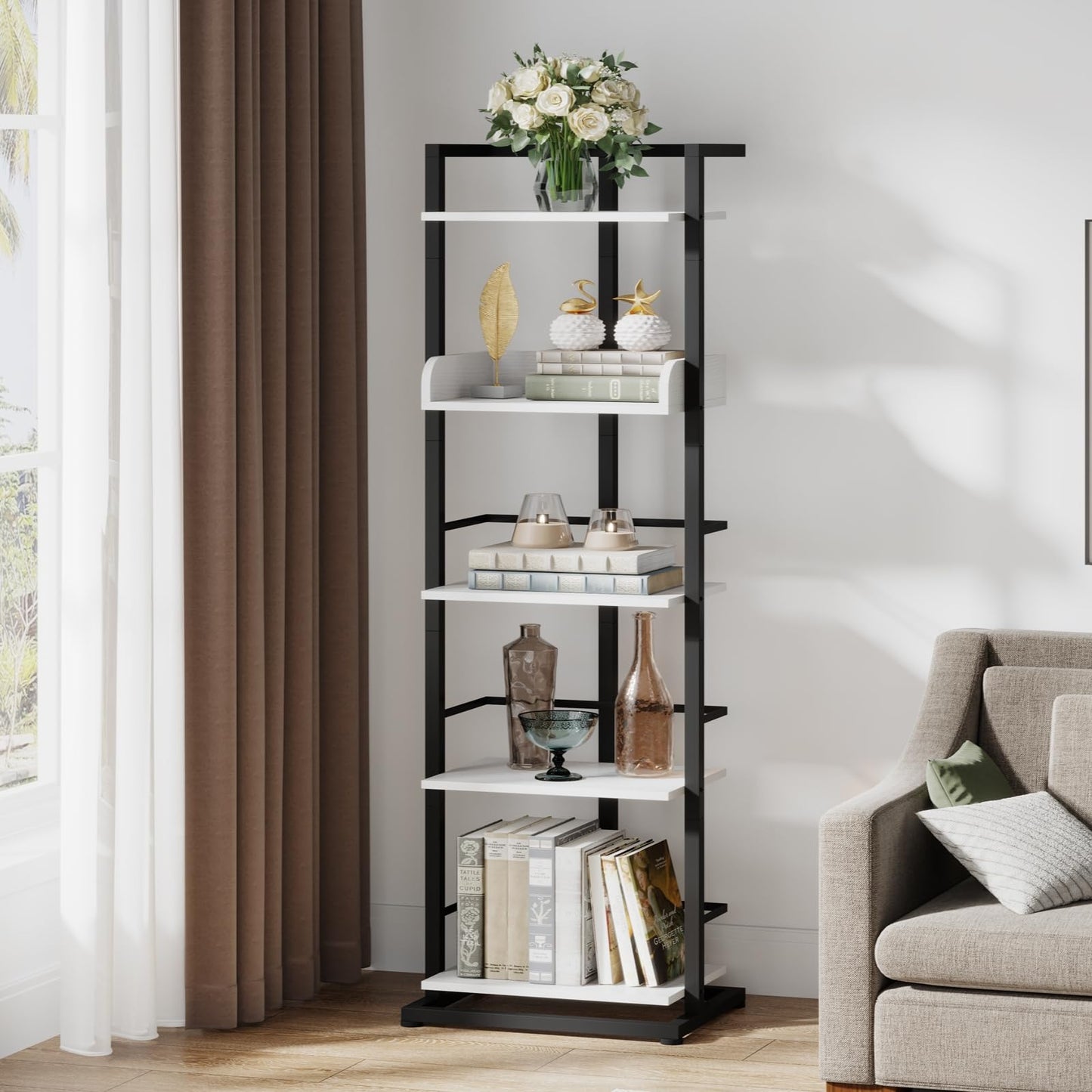 Hosfais Book Shelf Tall Bookshelf: 5 Tier Wood Bookcase with Metal Edge Protection Industrial Narrow Bookshelf Corner Storage Organizer Display Book Rack for Living Room Bedroom Office (Black White)