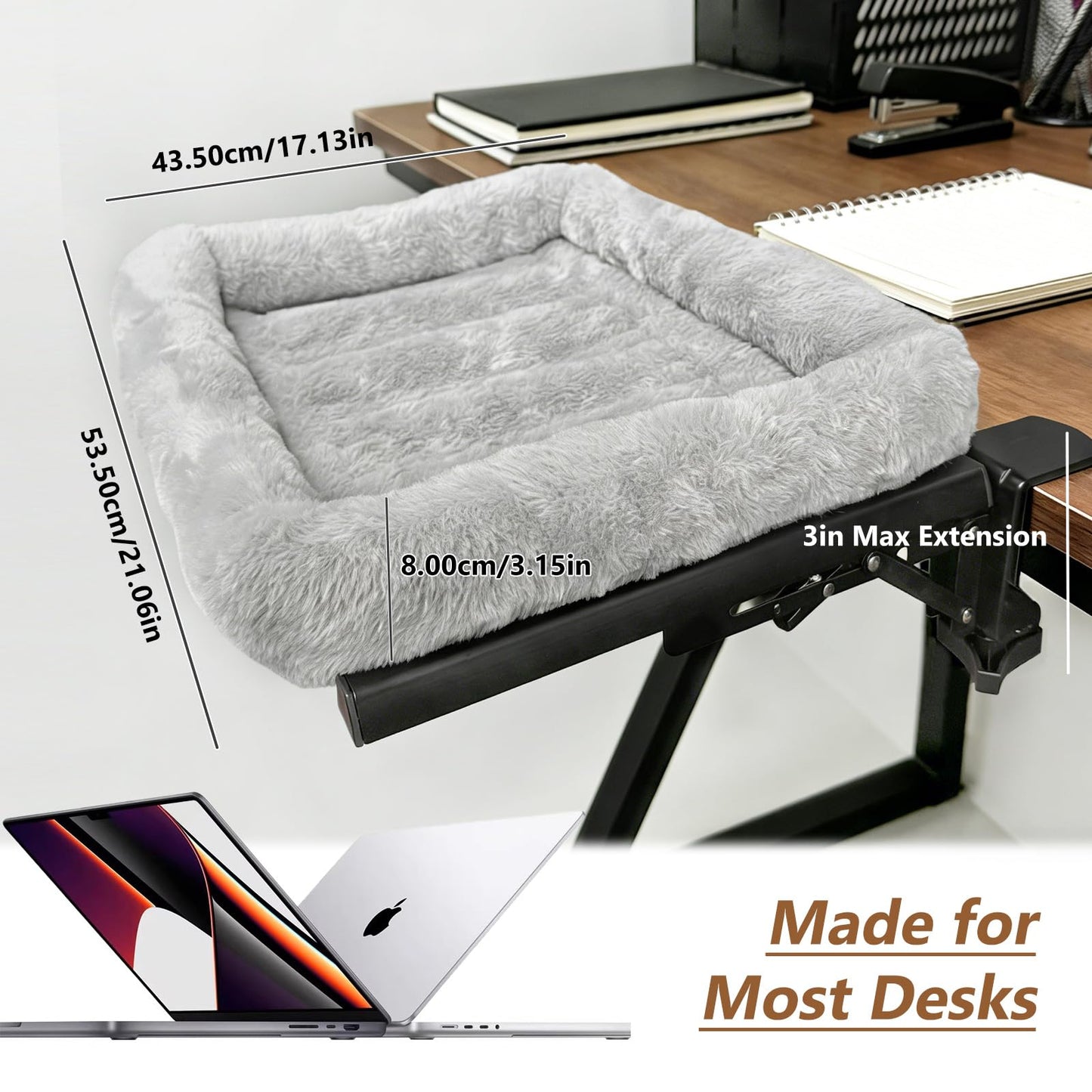 GREENSINDOOR Cat Desk Bed - One-Click Folding,Heavy Duty Cat Hammock Perch for Desk Holds up to 40 lbs, Soft Faux Rabbit Fur Material, Suitable for Various Desktops-Removable & Washable,21"x17", Gray