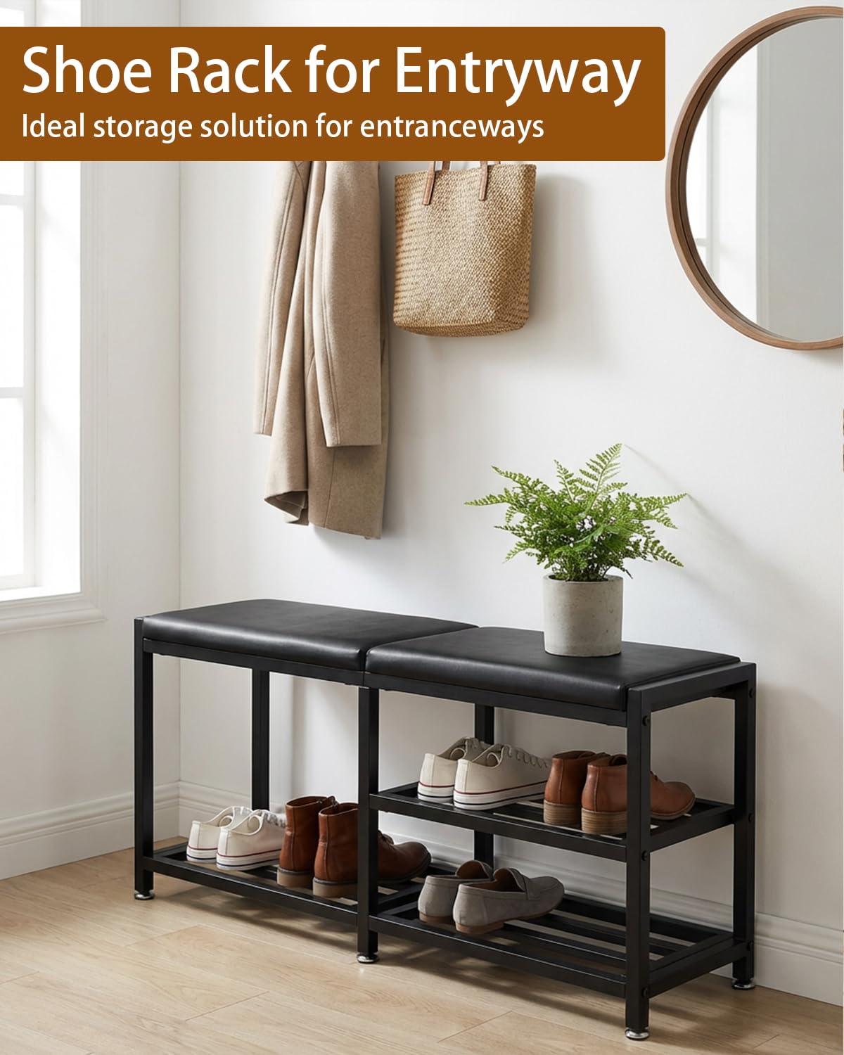 VewePata Shoe Rack Storage Bench for Entryway - Iron Shoe Rack with Bench for Entryway, Front Door Entrances or Bathroom, Space-Saving and Robust, Holds Up to 560 lb