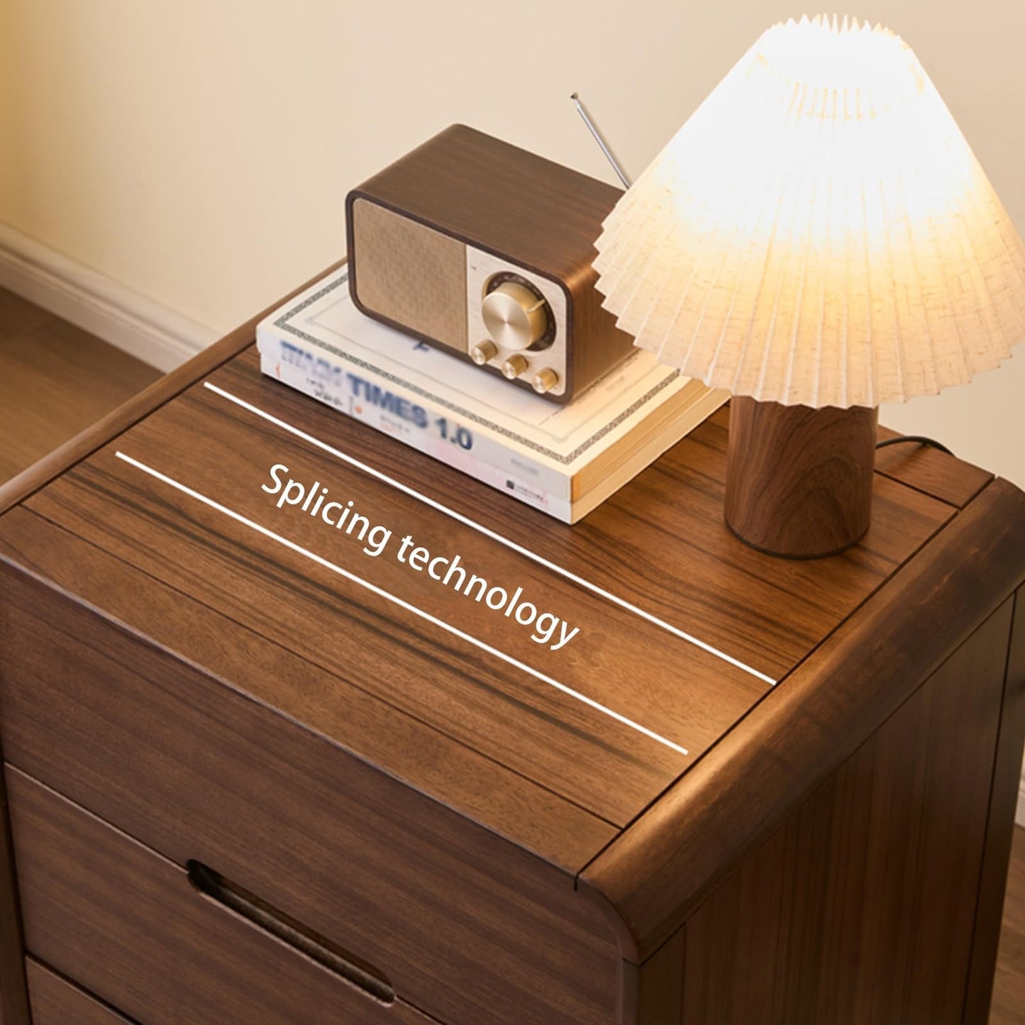 LSIGHTUS Retro Farmhouse Wooden Bedside Table with 3 Drawers, Nightstand with Arc Table Corners, Modern Bed End Table for Bedroom, Living Room, Office, Sofa Side