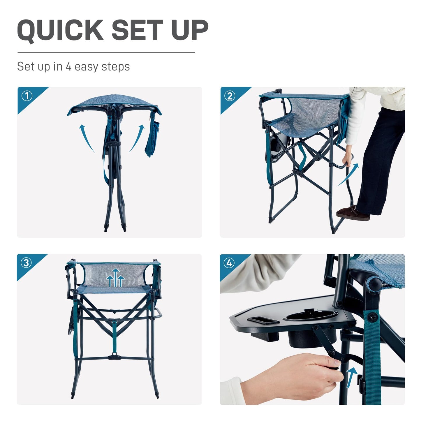 EVER ADVANCED Portable 30.7" Seat Height Tall Folding Camping Chair Directors Chair High Foldable Bar Stool with Side Table for Makeup Artist, Sports Event, Craft Show, Stretch Mesh, Supports 350LBS