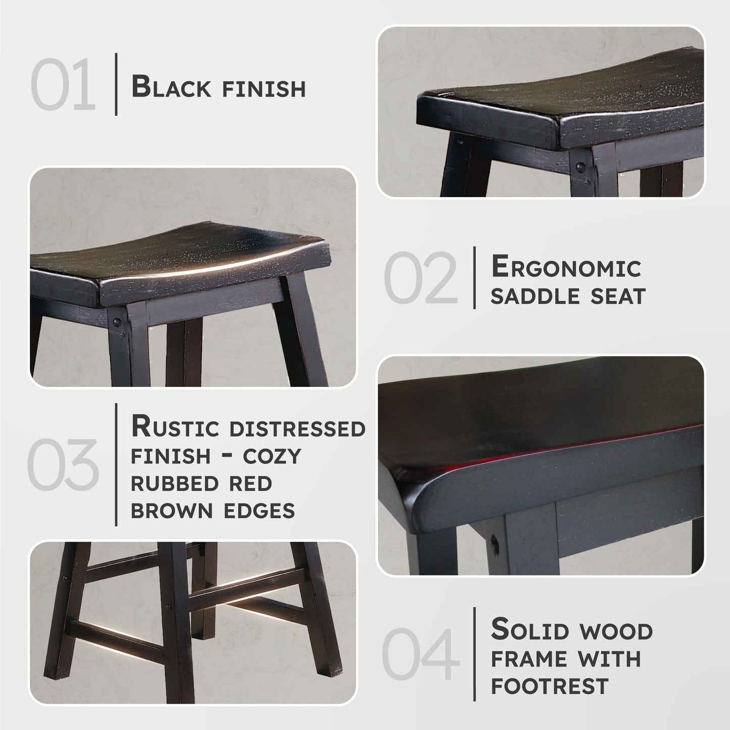 Lexicon Victoria Solid Wood Table Height Stool Set of 2 - Kitchen Stool Dining Height Stools for Dining, Armless Chair Seating, Perfect Casual - 17.5" Black Sand