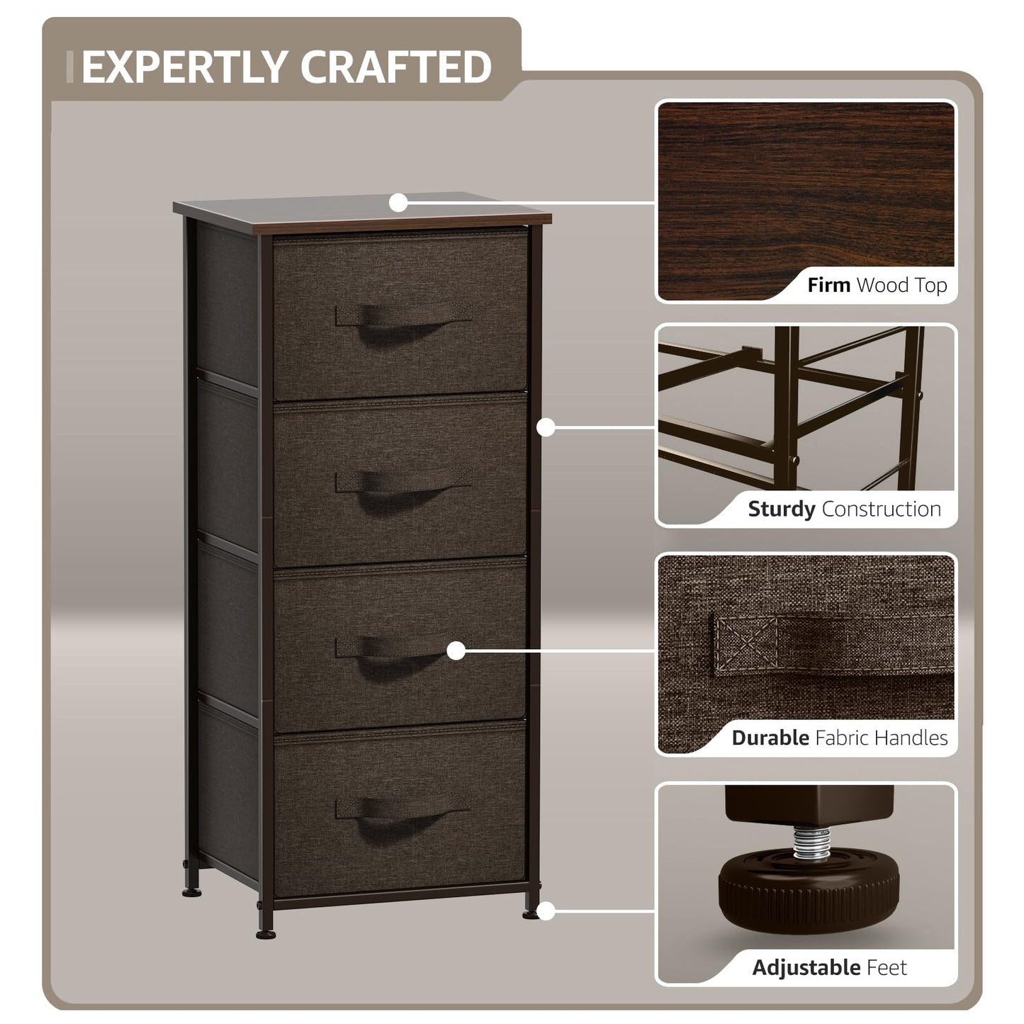 Sorbus Nightstand with 4 Drawers - Bedside Furniture & Night Stand End Table Dresser with Steel Frame, Wood Top, Easy Pull Fabric Bins for Home, Bedroom Accessories, Office & Dorm