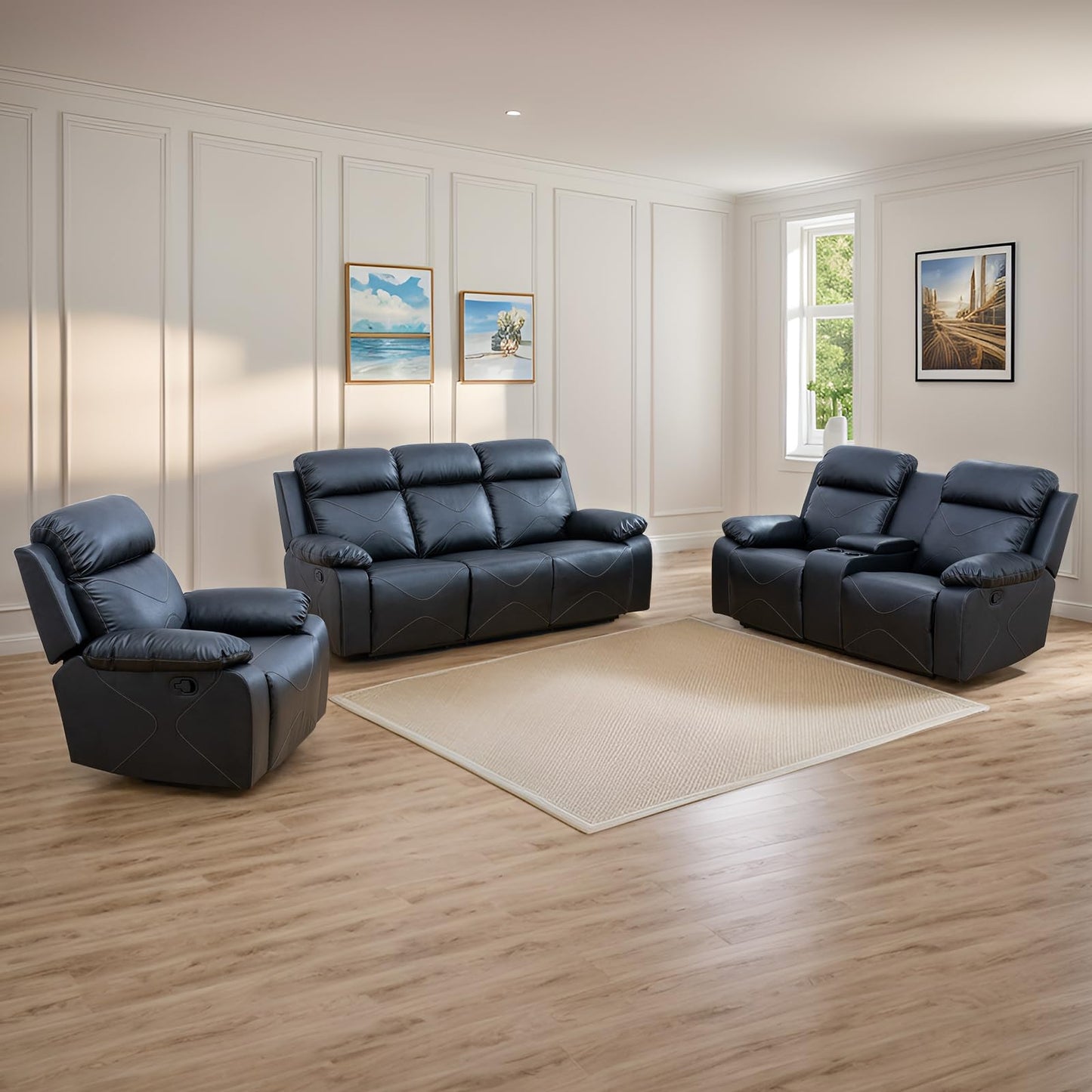 SIMPCHIC Power Recliner Sofa Set, Top Leather 3-Piece Sectional Couch Living Room Furniture Set for Home, Office and Apartment (Black)
