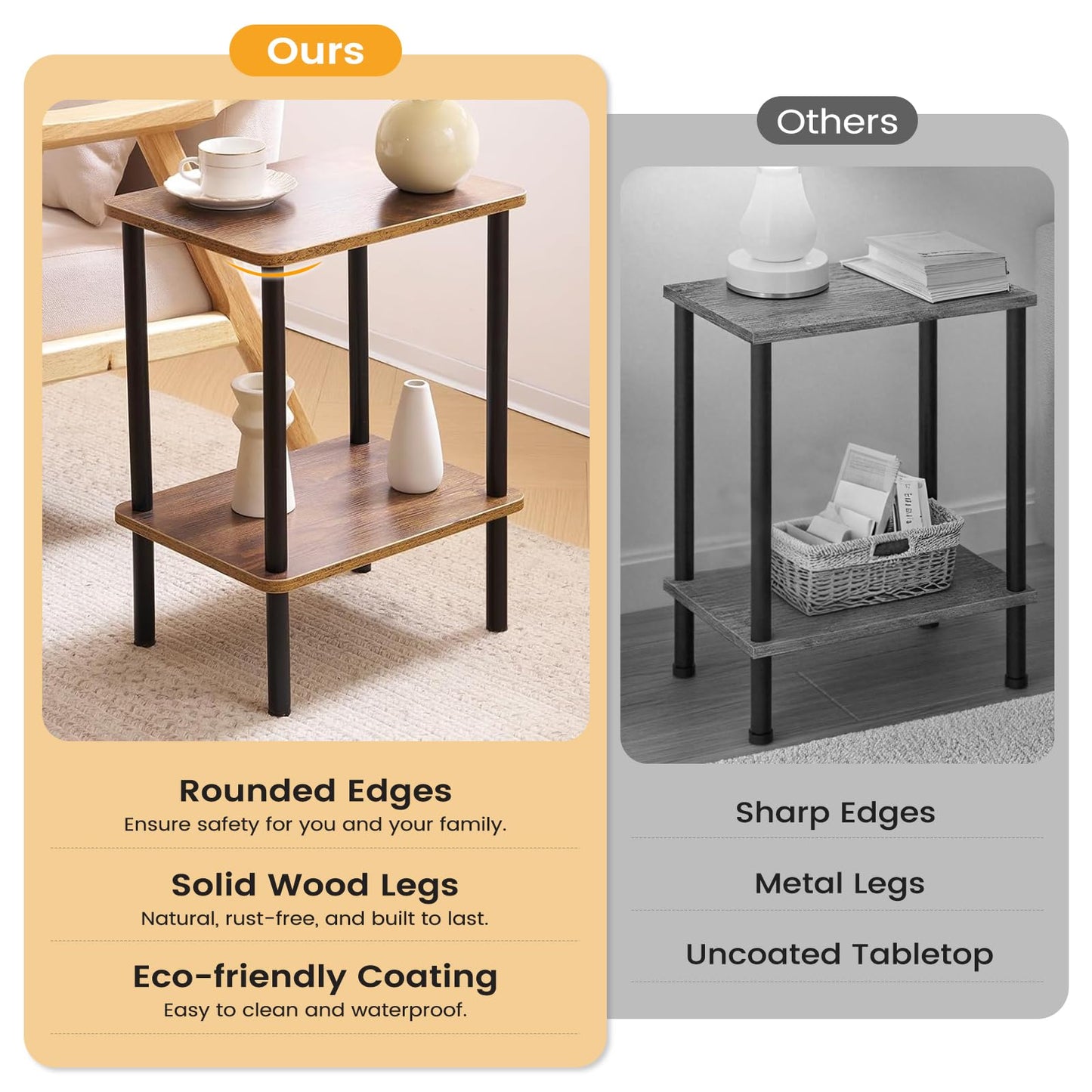 Apicizon 2 Tier End Table, Small Side Table with Solid Wood Legs, Boho Bedside Table with Storage Shelf, Nightstand for Small Spaces, Bedroom, Living Room, Entryway, Farmhouse, Easy Assembly, Brown