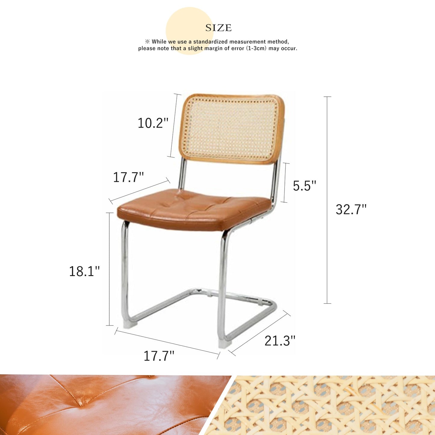 Niusonlan Rattan Cantilever Dining Chair, Single Modern Armless Chair with Chrome Steel Frame, PU Leather Seat and Rattan Backrest, 17.7" Seat Height Kitchen & Dining Room Chair (Brown, Set of 2)