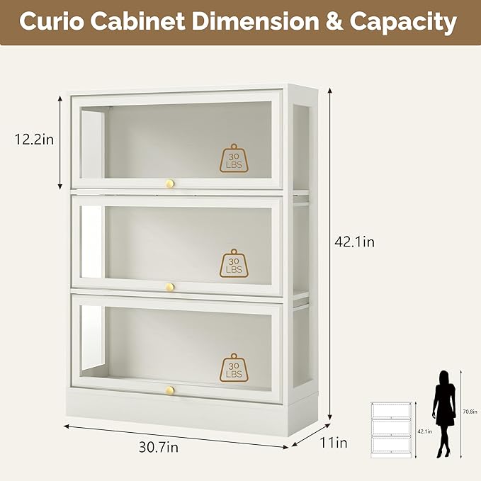 Display Cabinet with Acrylic Glass Doors, 3-Tiers Curio Cabinet with LED